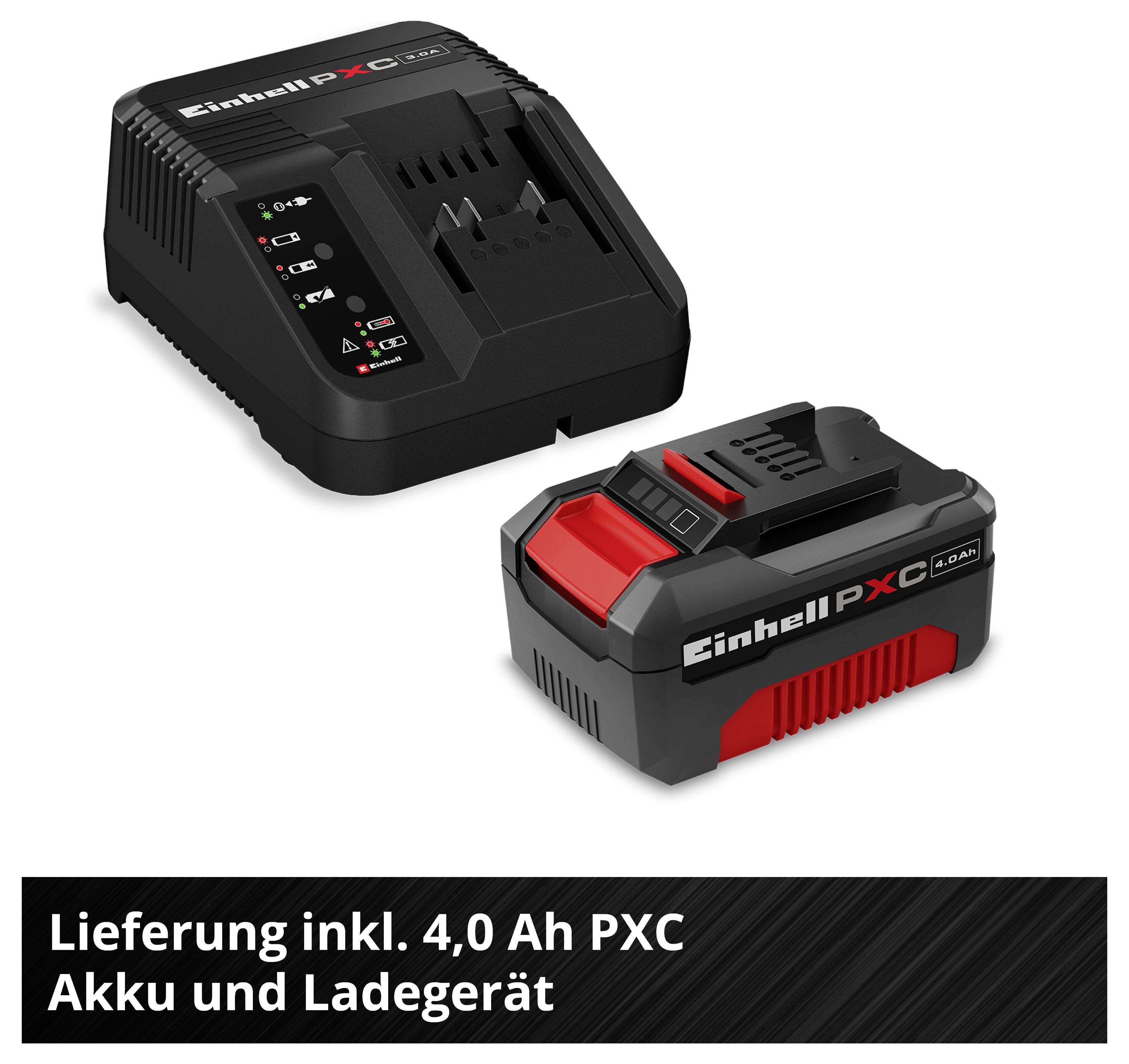 Akkuladegerät und 4,0-Ah-PXC-Akku; Text unten: 'Lieferung inkl. 4,0 Ah PXC Akku und Ladegerät'