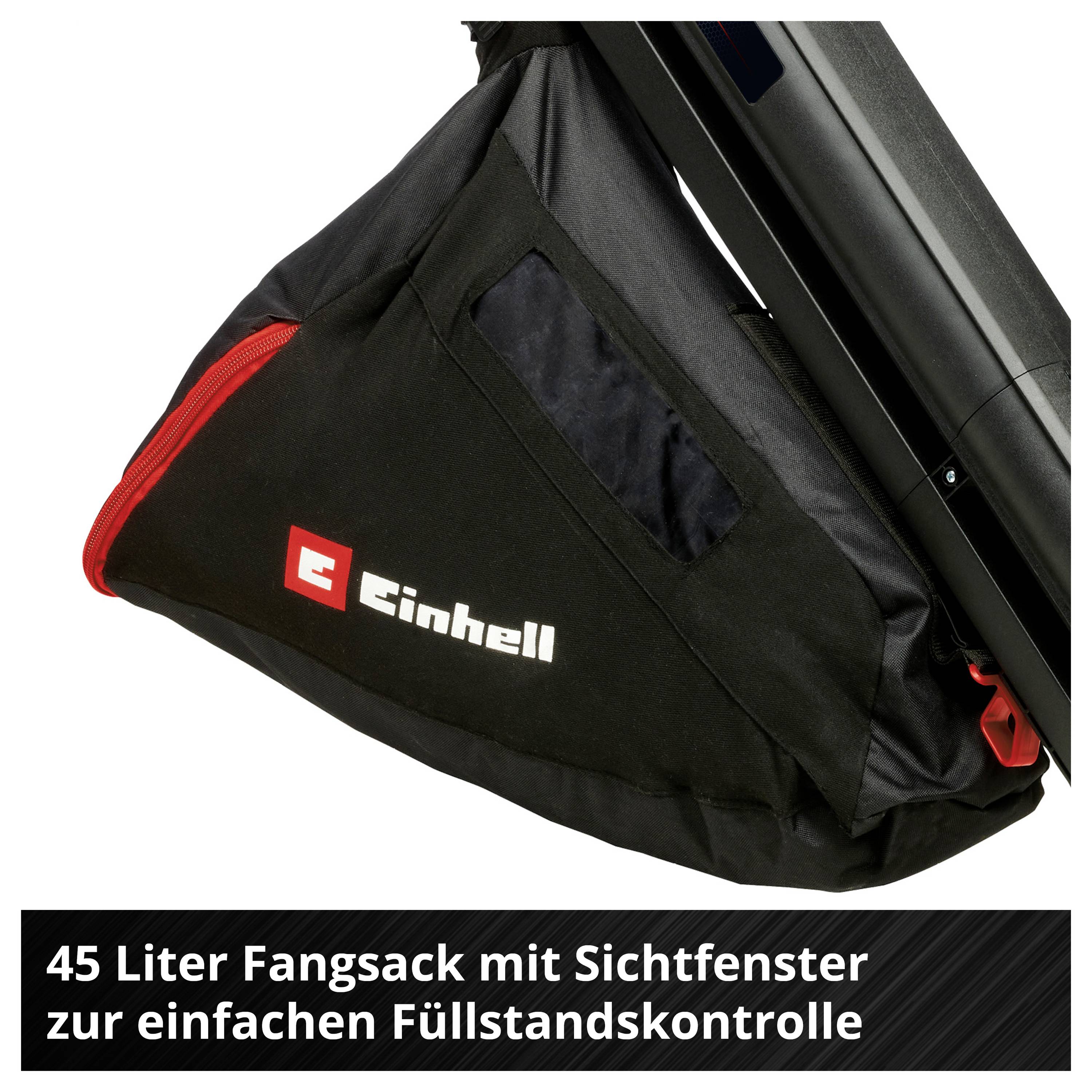 Schwarzer Einhell-Fangsack mit Sichtfenster für Rasenmäher, 45 Liter, zur einfachen Füllstandskontrolle.