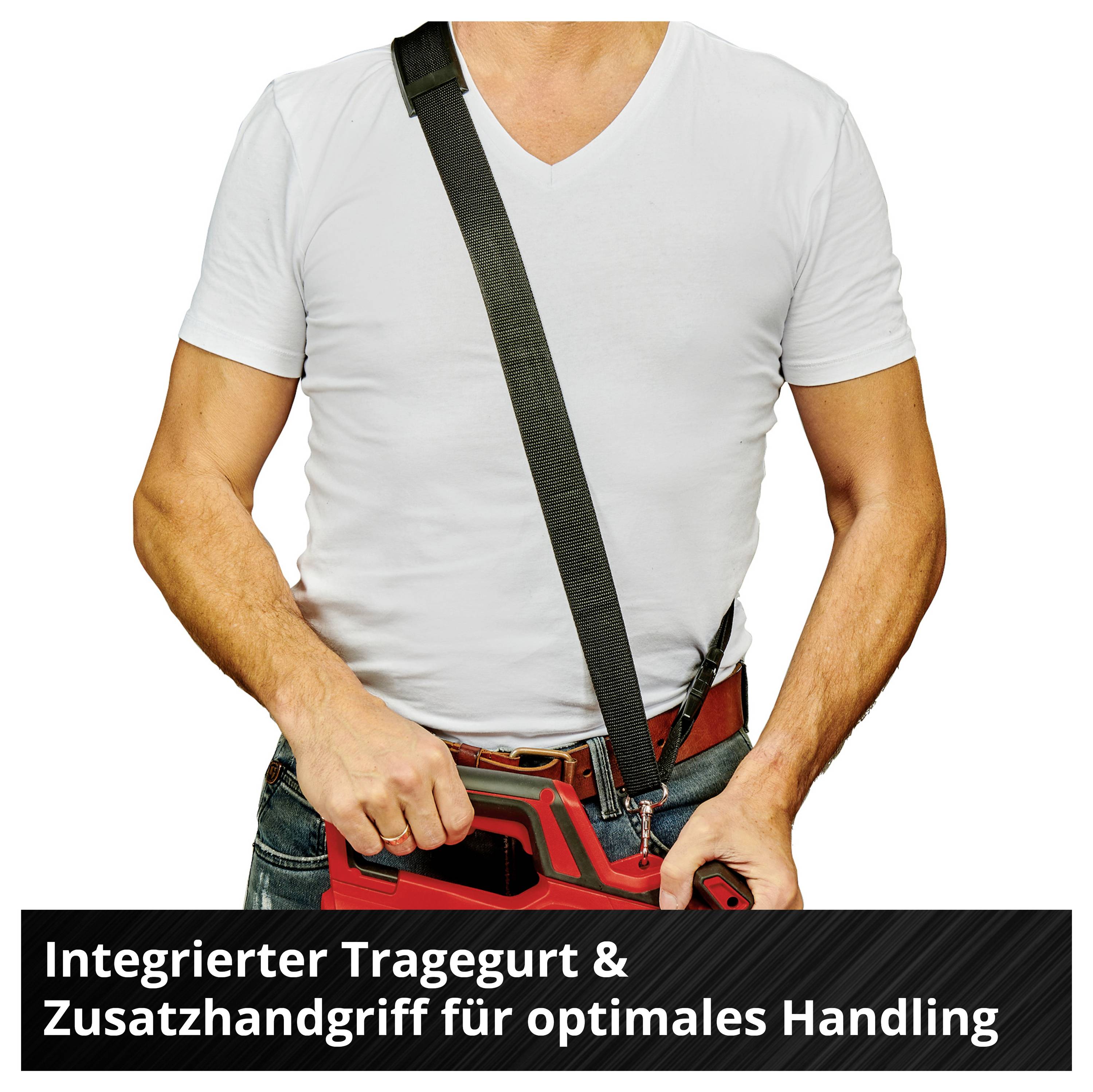 Person hält roten Werkzeugkoffer mit integriertem Tragegurt; unten steht 'Integrierter Tragegurt & Zusatzhandgriff für optimales Handling'.