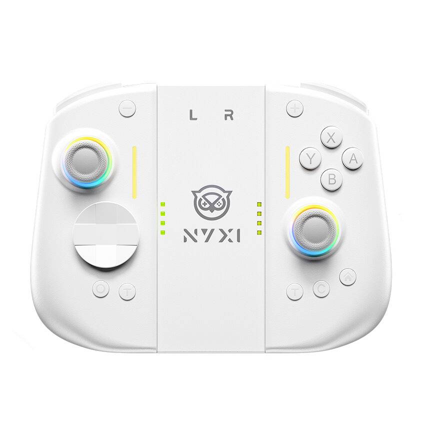 Weißer NYXI tragbarer Spielecontroller mit zwei analogen Sticks, D-Pad, A/B/X/Y-Tasten und L/R-Schulterbeschriftungen.