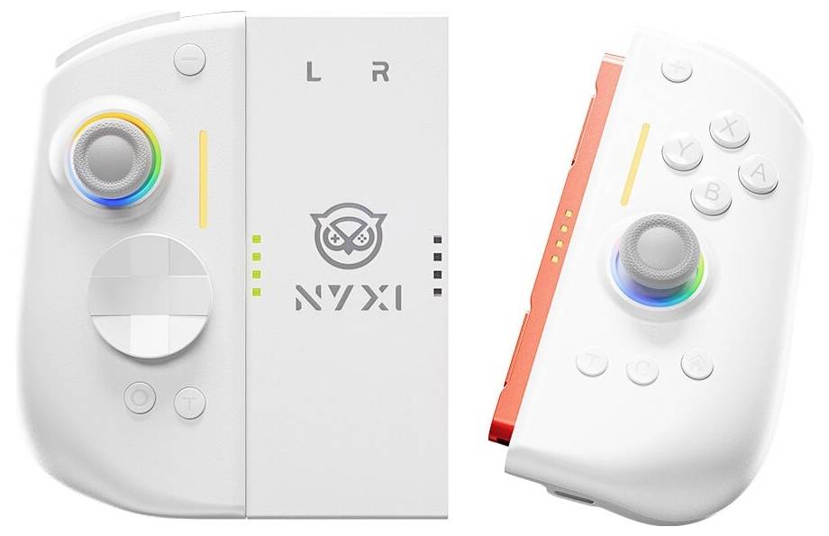 Weiße Nintendo-ähnliche Gaming-Controller, die Vorder- und Schrägansichten mit Links- und Rechtsbeschriftung, farbigen Analogstöcken und Tasten zeigen.