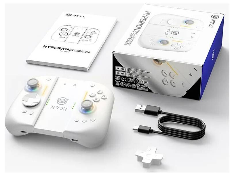 Produktfoto eines weißen „HYPERION 3" tragbaren Spielecontrollers, gezeigt mit seiner Bedienungsanleitung, Einzelhandelsverpackung, USB-Kabel und einem kleinen kreuzförmigen Zubehörteil.