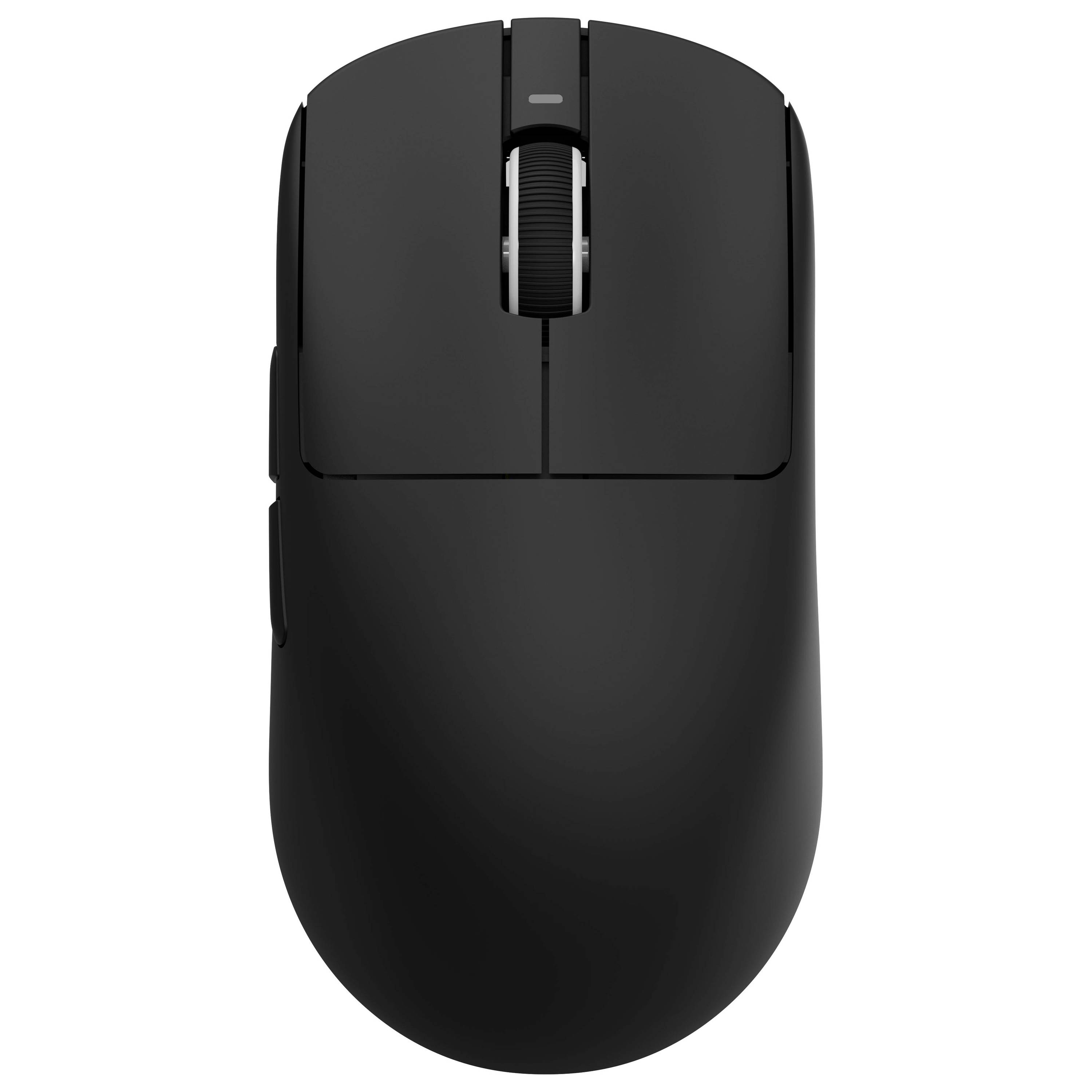 Schwarze kabellose Computermaus von oben auf einem einfachen weißen Hintergrund dargestellt.