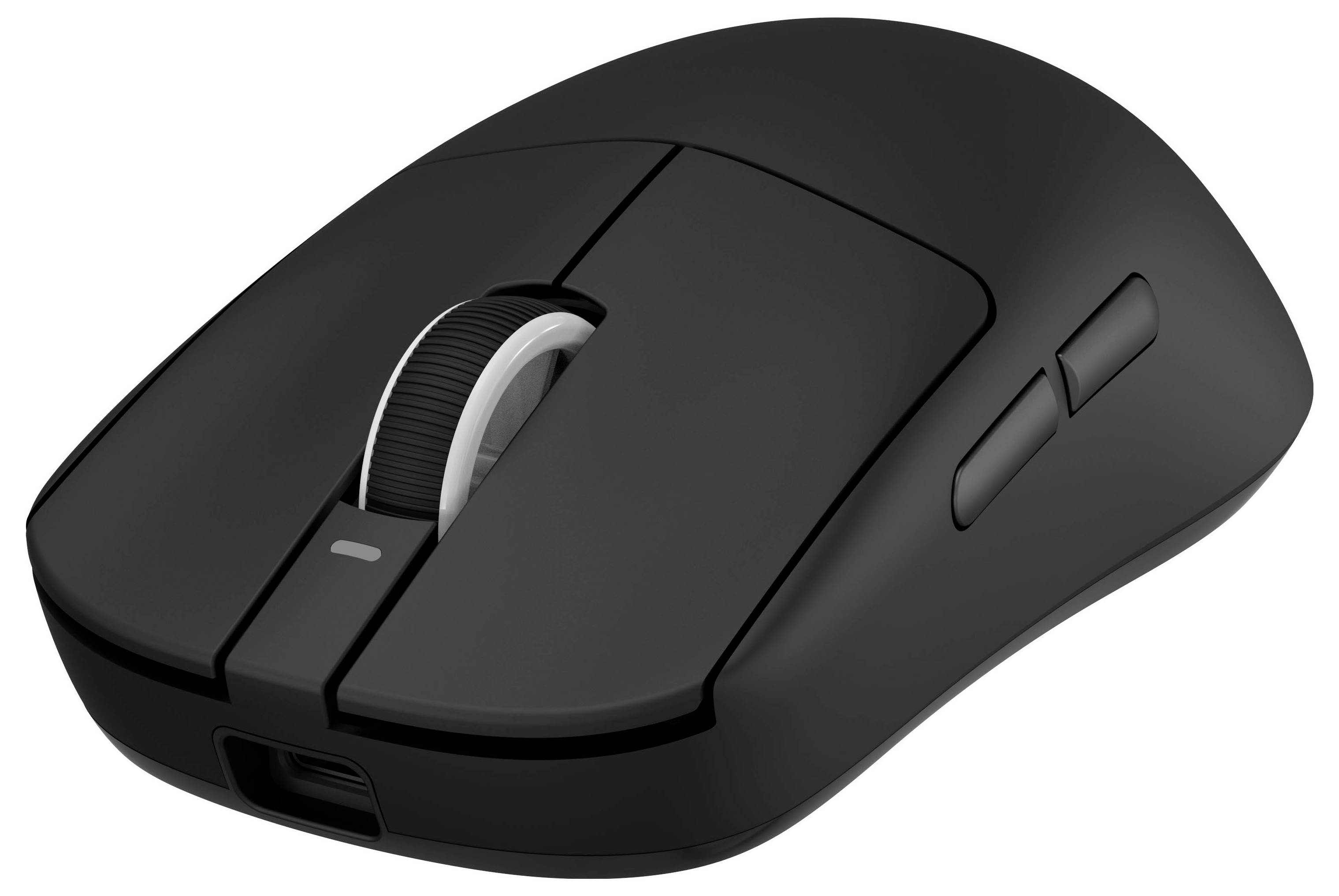 Schwarze kabellose Computermaus mit Scrollrad und zwei Seitentasten, gezeigt auf weißem Hintergrund.