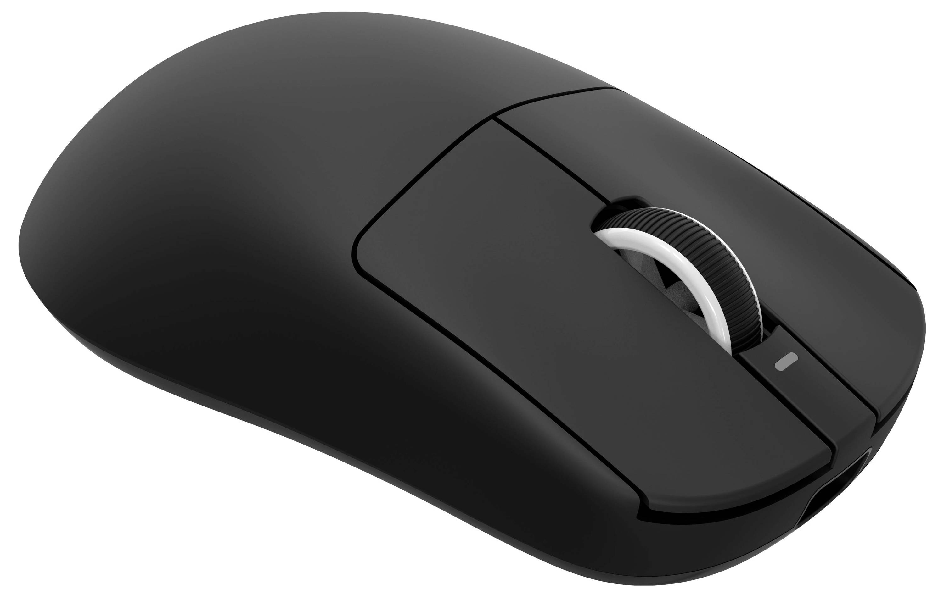 Schwarze kabellose Computermaus auf weißem Hintergrund dargestellt, mit sichtbarem Scrollrad und linken und rechten Tasten.