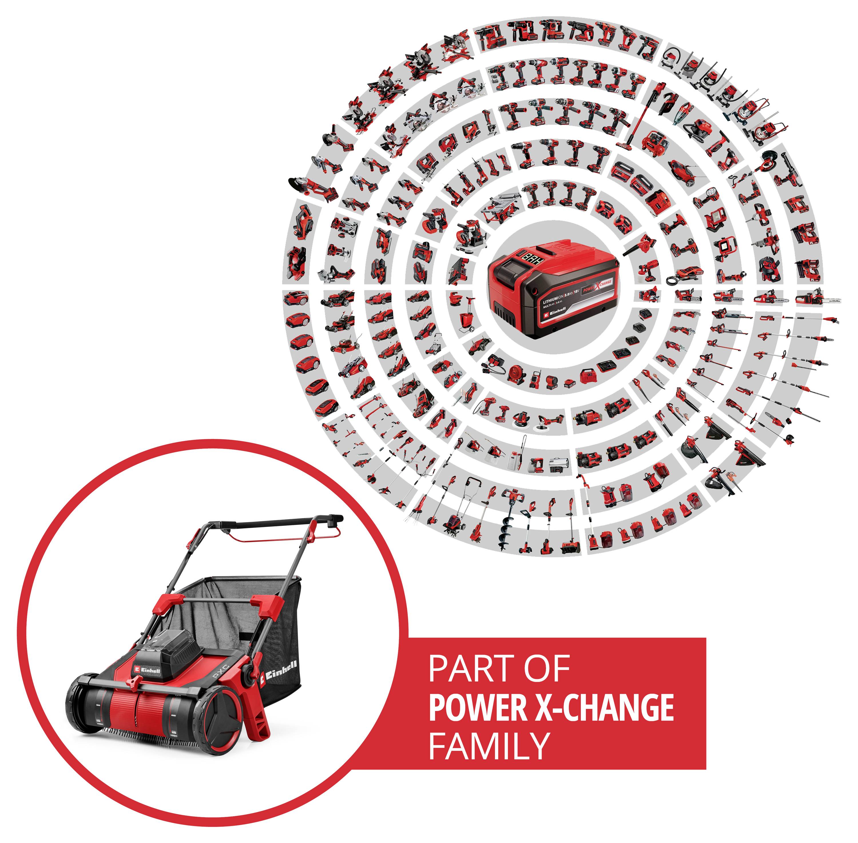 Werbegrafik mit einem roten kabellosen Rasenmäher in einem Kreis, mit einer radialen Anzeige von kompatiblen Power X-Change-Werkzeugen und Batterien sowie dem Text „TEIL DER POWER X-CHANGE FAMILIE