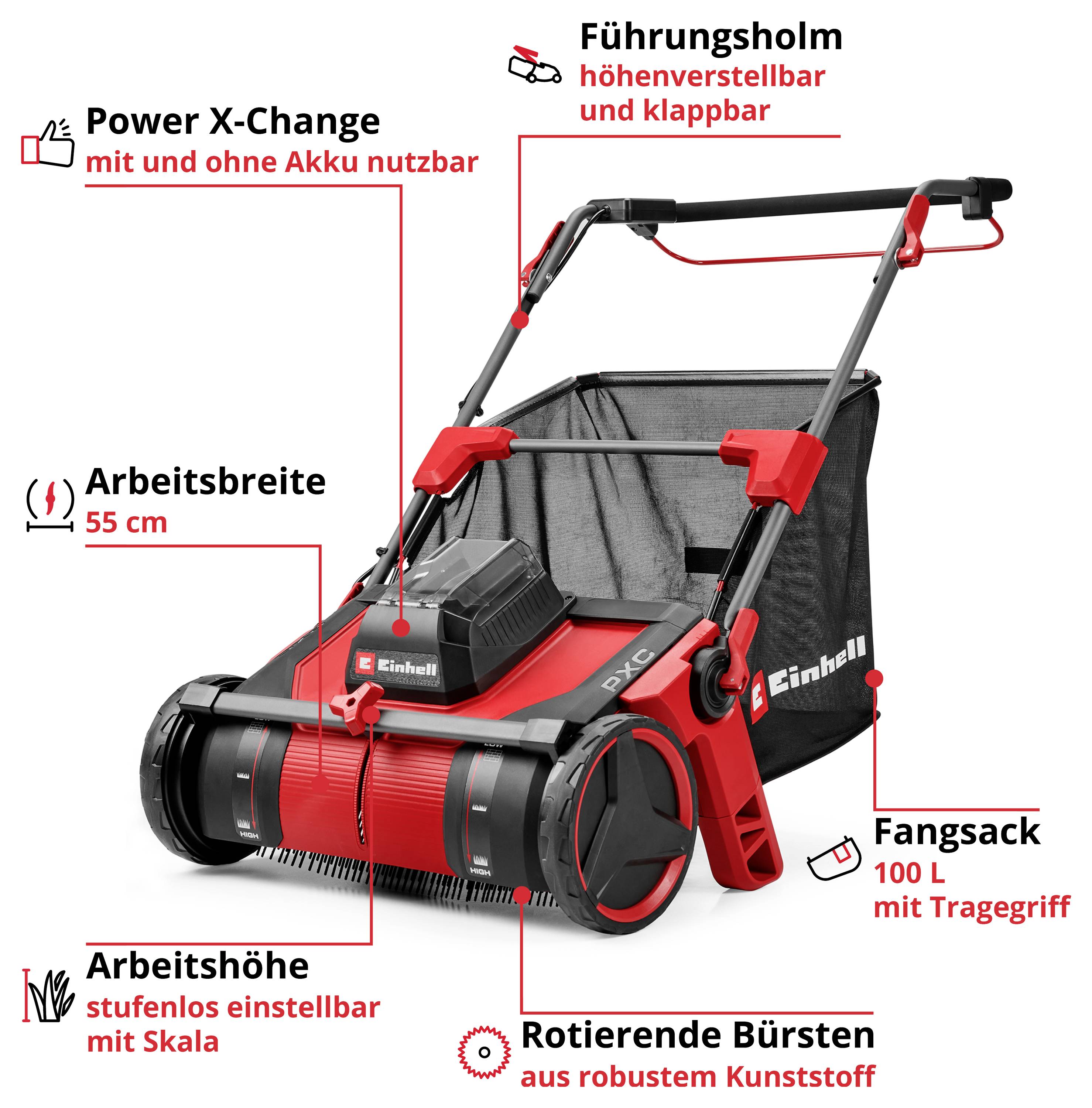 Produktgrafik eines Akku-Rasenmähers mit Beschriftungen: Power X-Change, 55 cm Arbeitsbreite, stufenlos einstellbare Arbeitshöhe, klappbarer Führungsholm, rotierende Bürsten und 100-L-Fangsack mit Tragegriff.