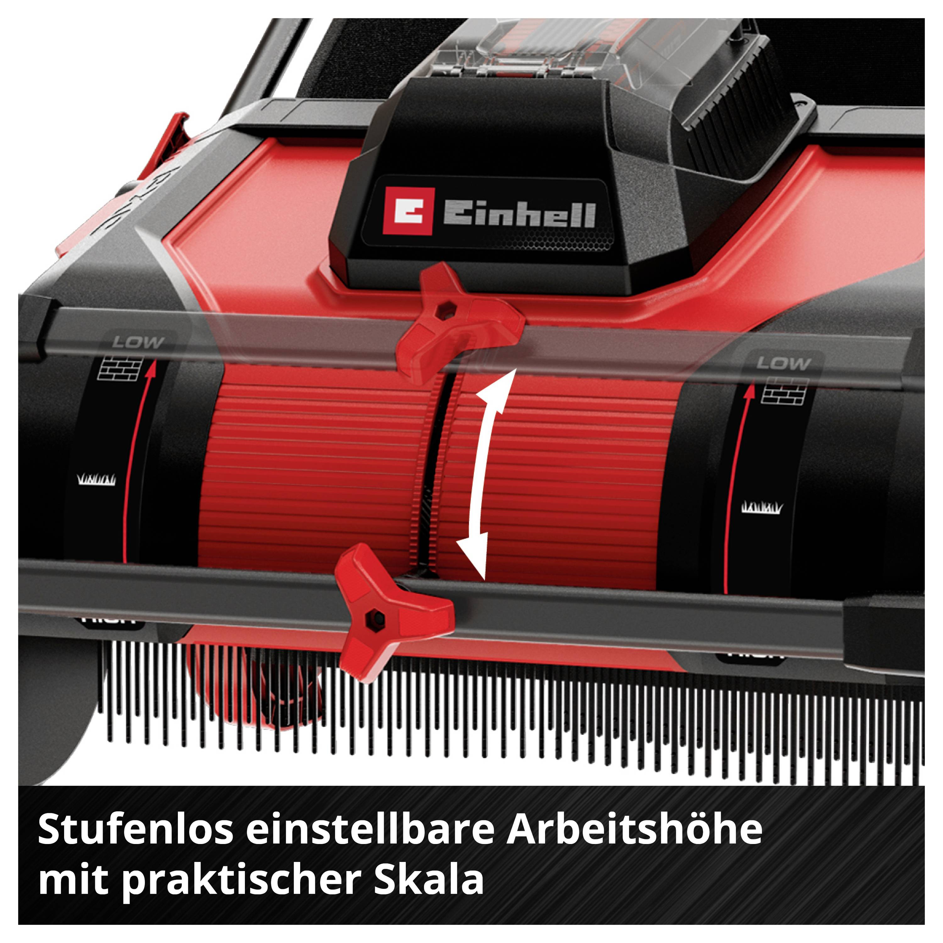 Rasenmäher mit stufenlos verstellbarer Arbeitshöhe; rote Einstellräder und Skala zeigen die Höhenanpassung.