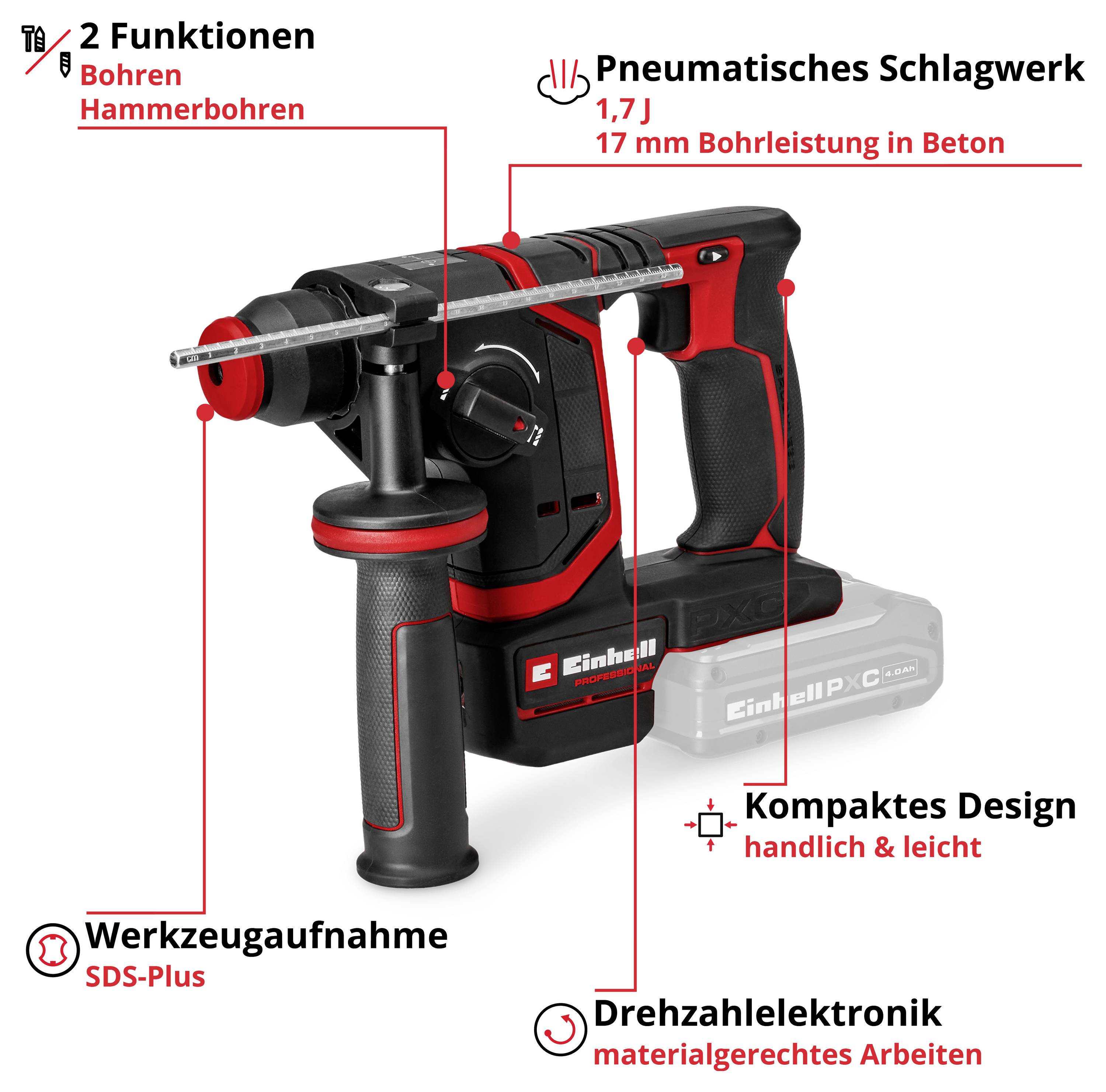 Produktbild eines kabellosen Einhell-Pneumatik-Schlagwerks mit Bohrer; zeigt 2 Funktionen, SDS-Plus, 1,7 J Schlagkraft, 17 mm Bohrleistung in Beton, Drehzahlektronik und kompaktes Design.