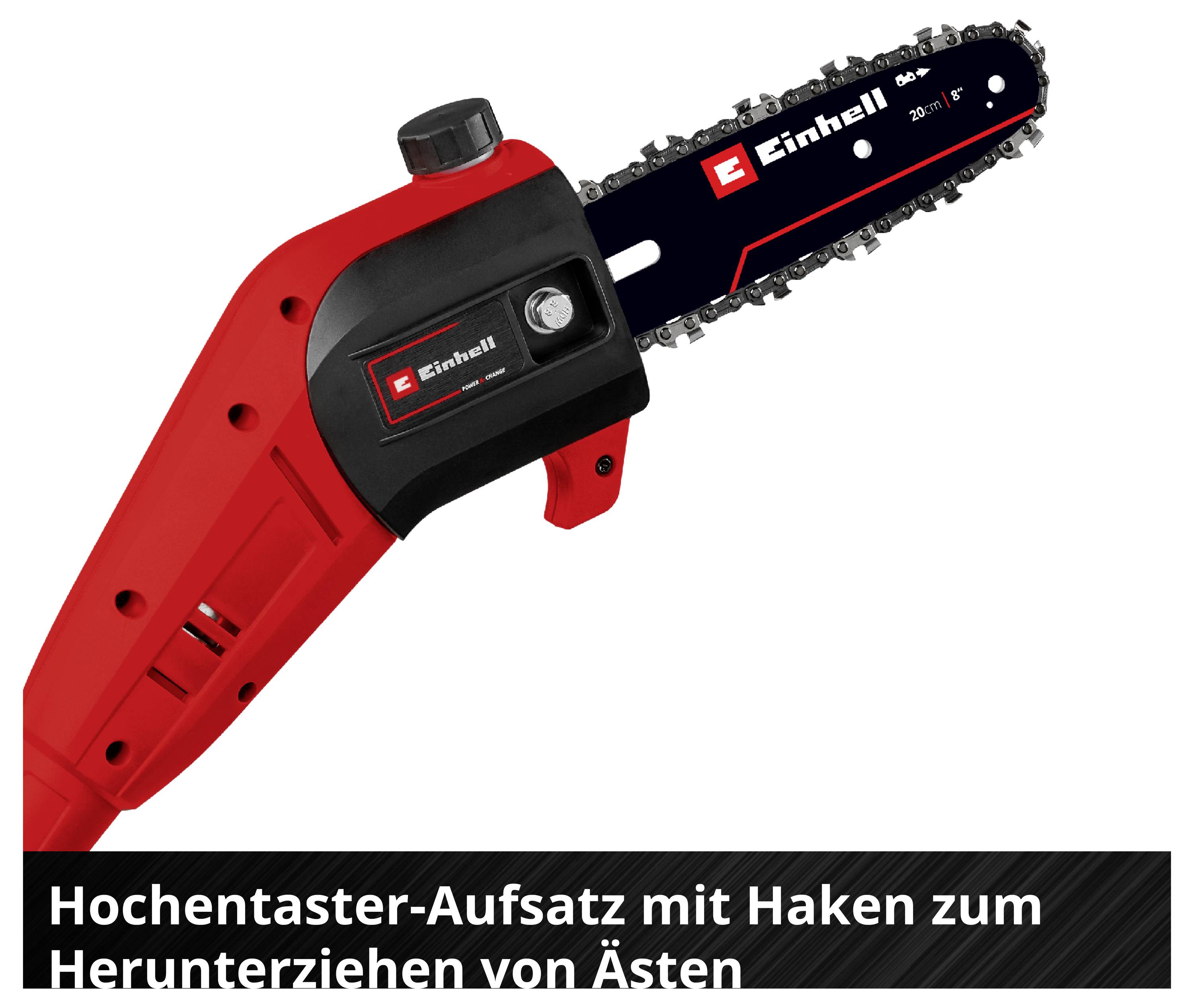 Einhell Hochentaster-Aufsatz mit Sägekette und Haken; unten steht 'Hochentaster-Aufsatz mit Haken zum Herunterziehen von Ästen'.
