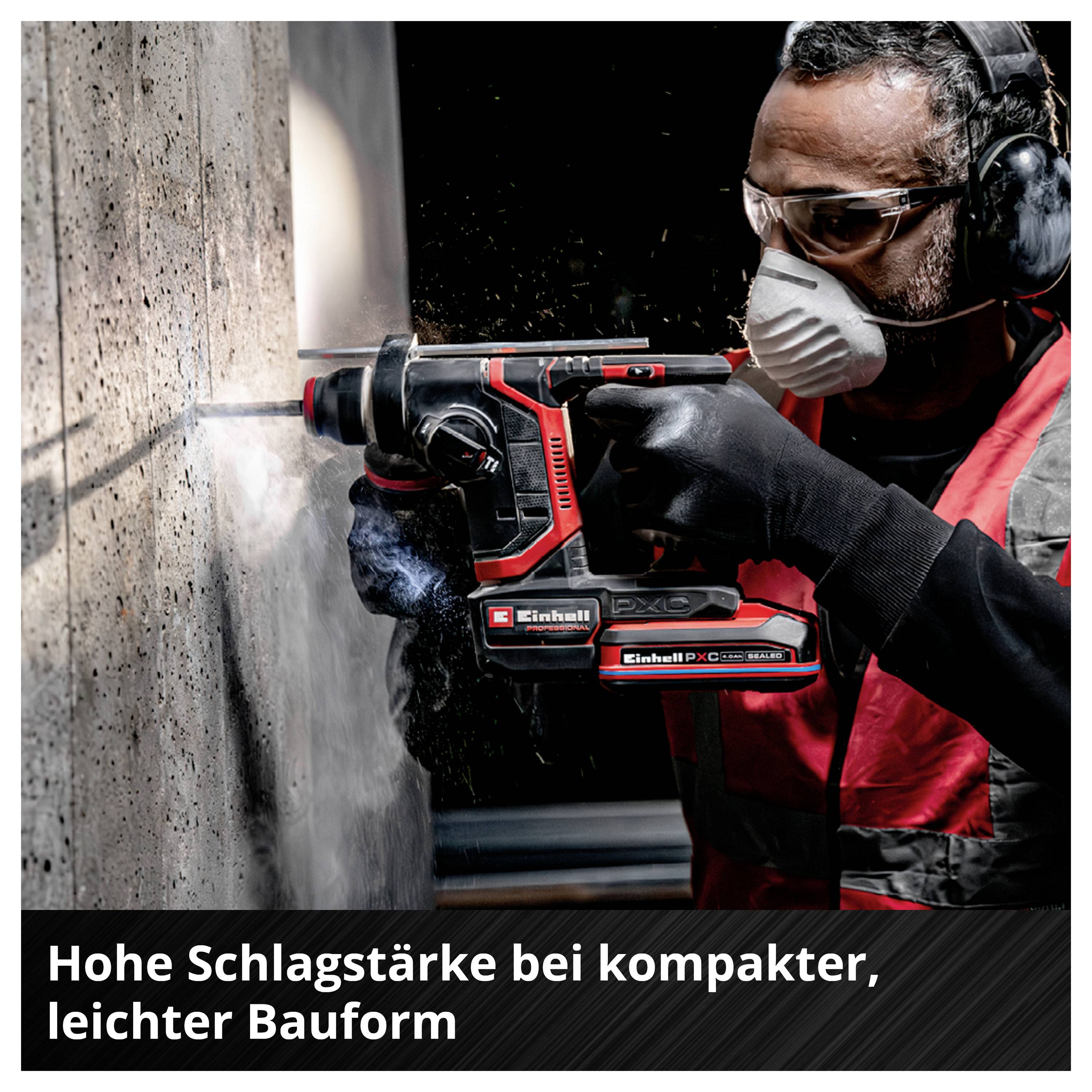 Infografik 'AKKU PERFORMANCE' zeigt die maximale Anzahl pro Akkuladung für Löcher 6x50 mm in Beton: 60, 71, 97, 124, 144 und 192 Stück je nach 2,5 bis 8,0 Ah Akku.