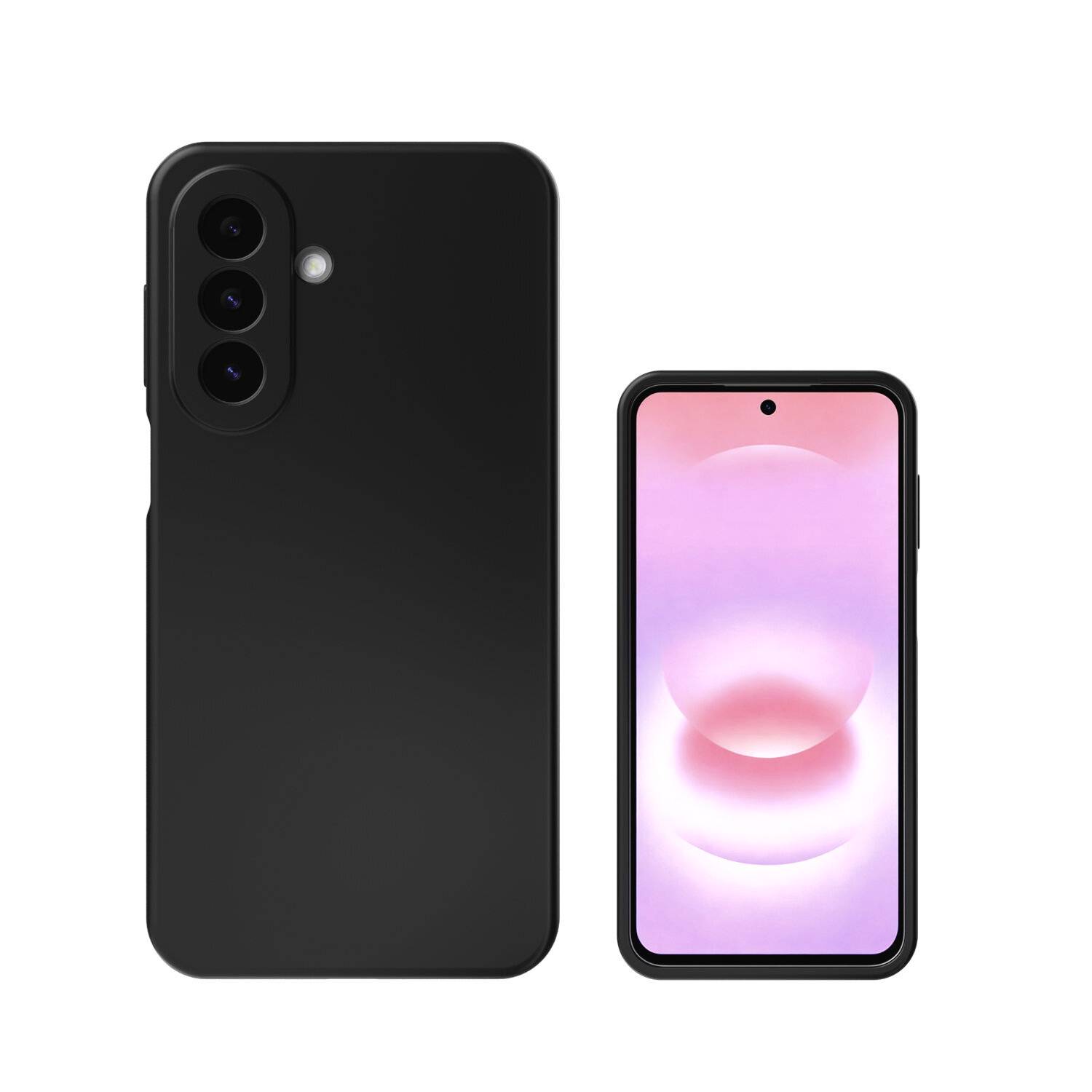 Schwarzes Smartphone von vorne und hinten gezeigt, mit dreifachen Rückkameras und einem rosa Display auf der Vorderseite.