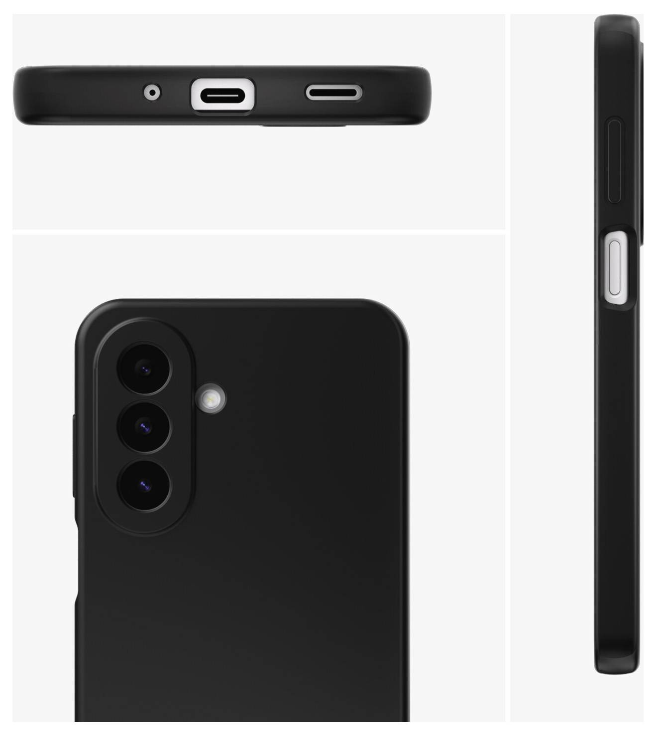 Schwarze Smartphone-Hülle von vorne, hinten, oben und seitlich gezeigt, mit dreigeteiltem Kameraloch auf der Rückseite und seitlicher Taste öffnung.