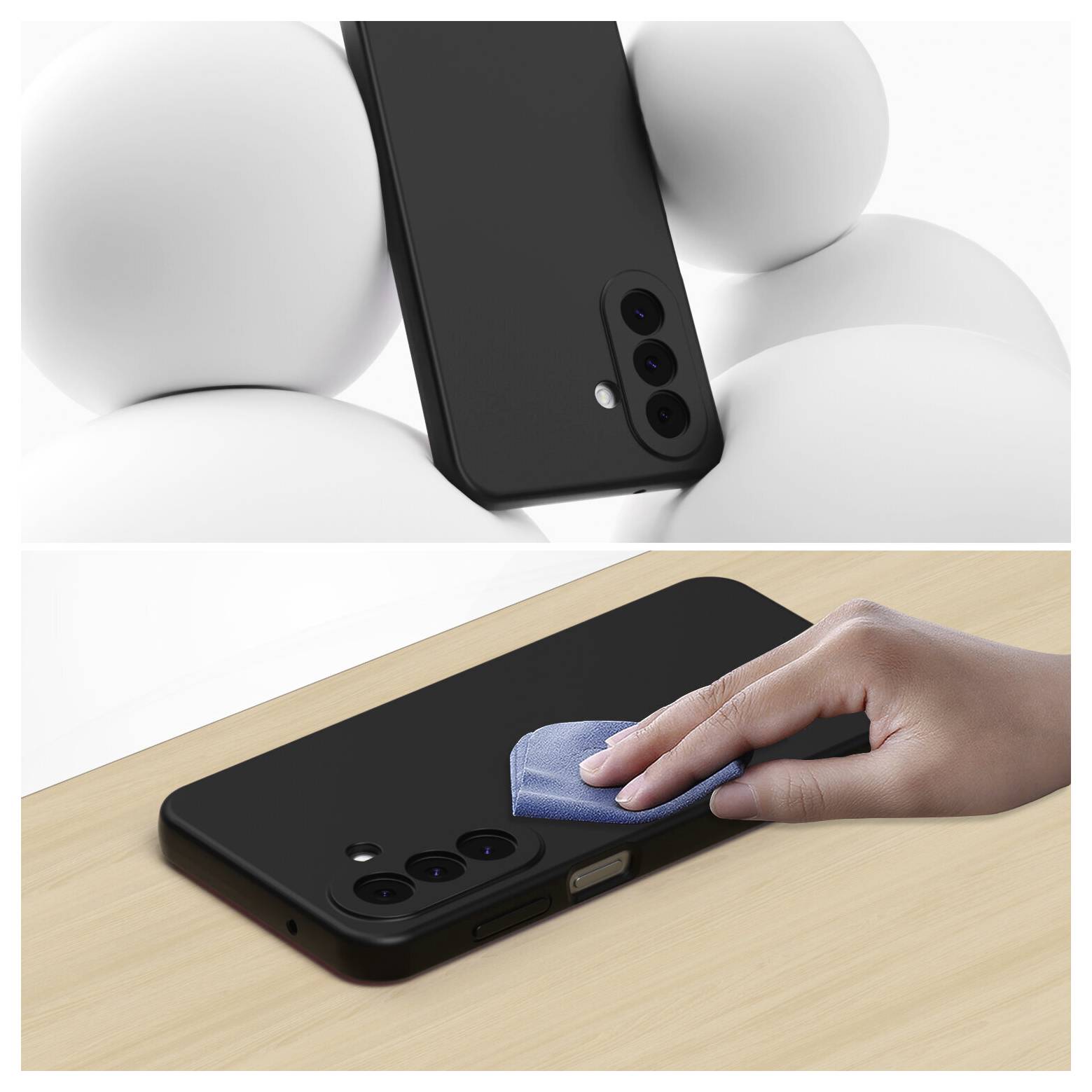 Geteiltes Bild zeigt ein schwarzes Smartphone mit dreifacher hinterer Kameraanordnung, das gehalten wird, und das Telefon wird mit einem Tuch auf einem Schreibtisch abgewischt.