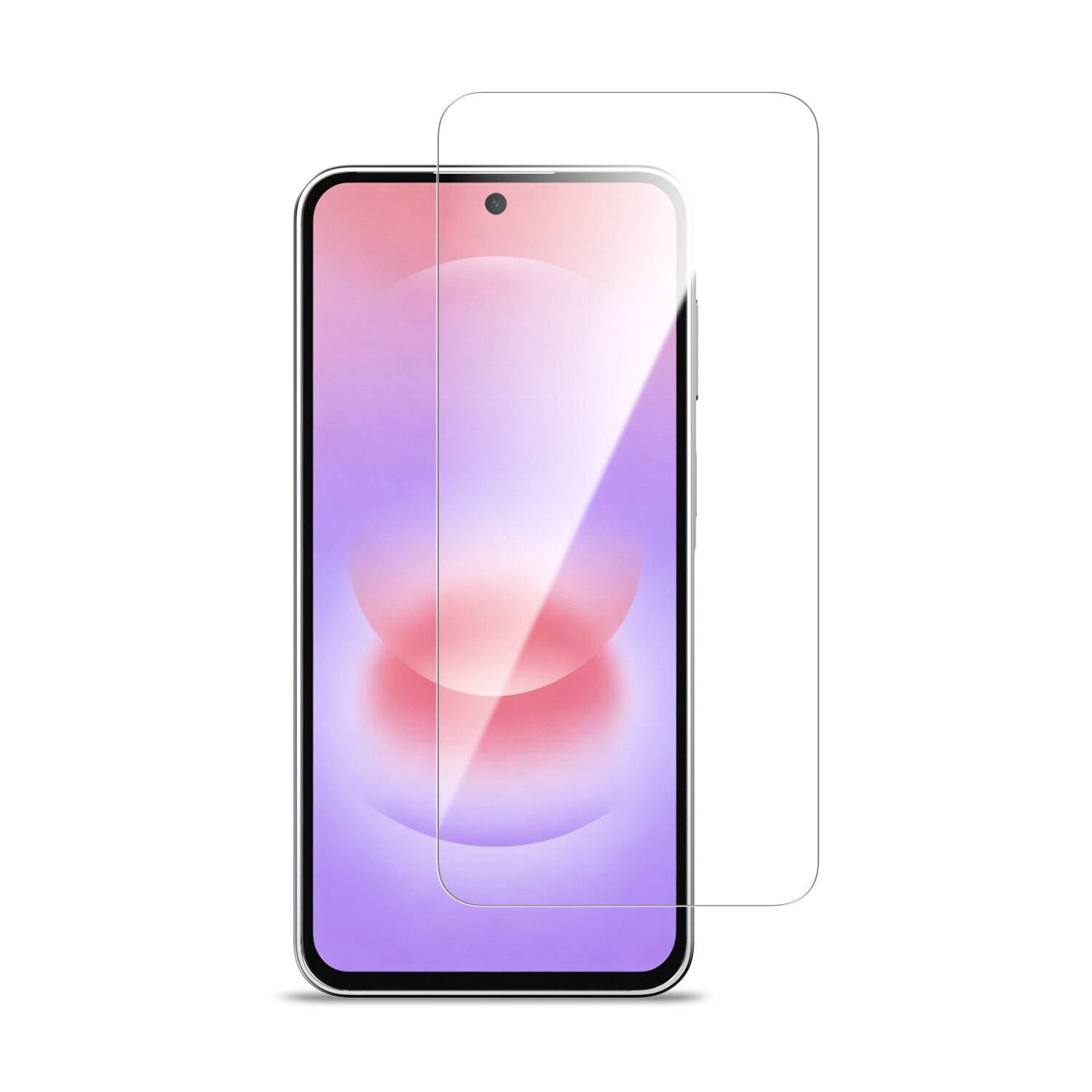 Smartphone von vorne gezeigt mit einer klaren Schutzfolie, zentriert auf weißem Hintergrund.