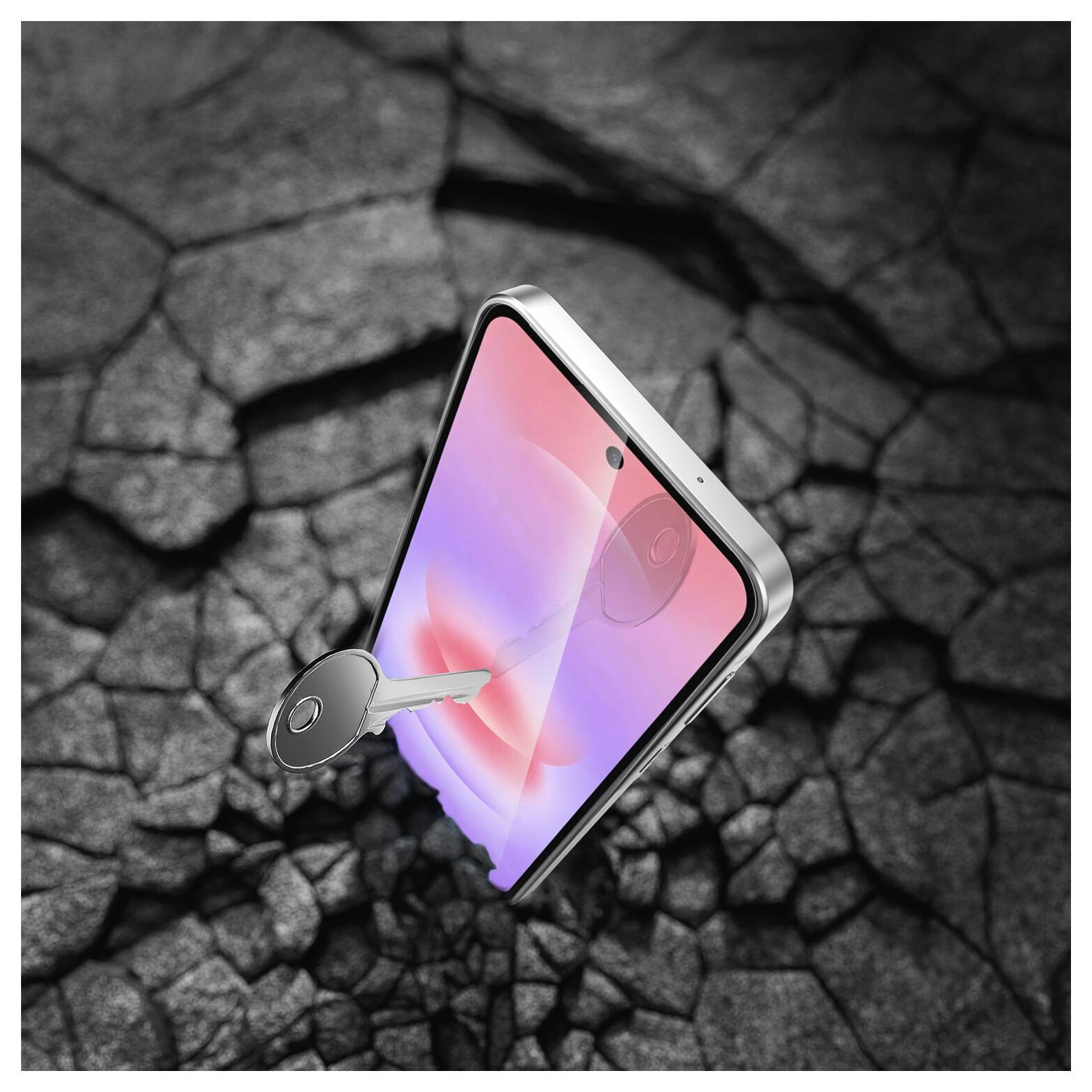 Ein Smartphone mit einem Schlüsselsymbol auf dem Bildschirm, das sicheren Zugriff oder Entsperrung andeutet, vor einem gerissenen dunklen Hintergrund.