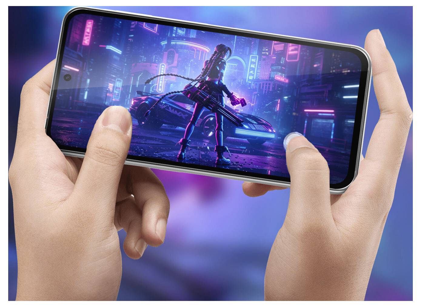 Hände halten ein Smartphone im Querformat und zeigen ein neonleuchtendes futuristisches Action-Spiel mit einer Spielfigur neben einem Auto in einer Cyberpunk-Stadt.
