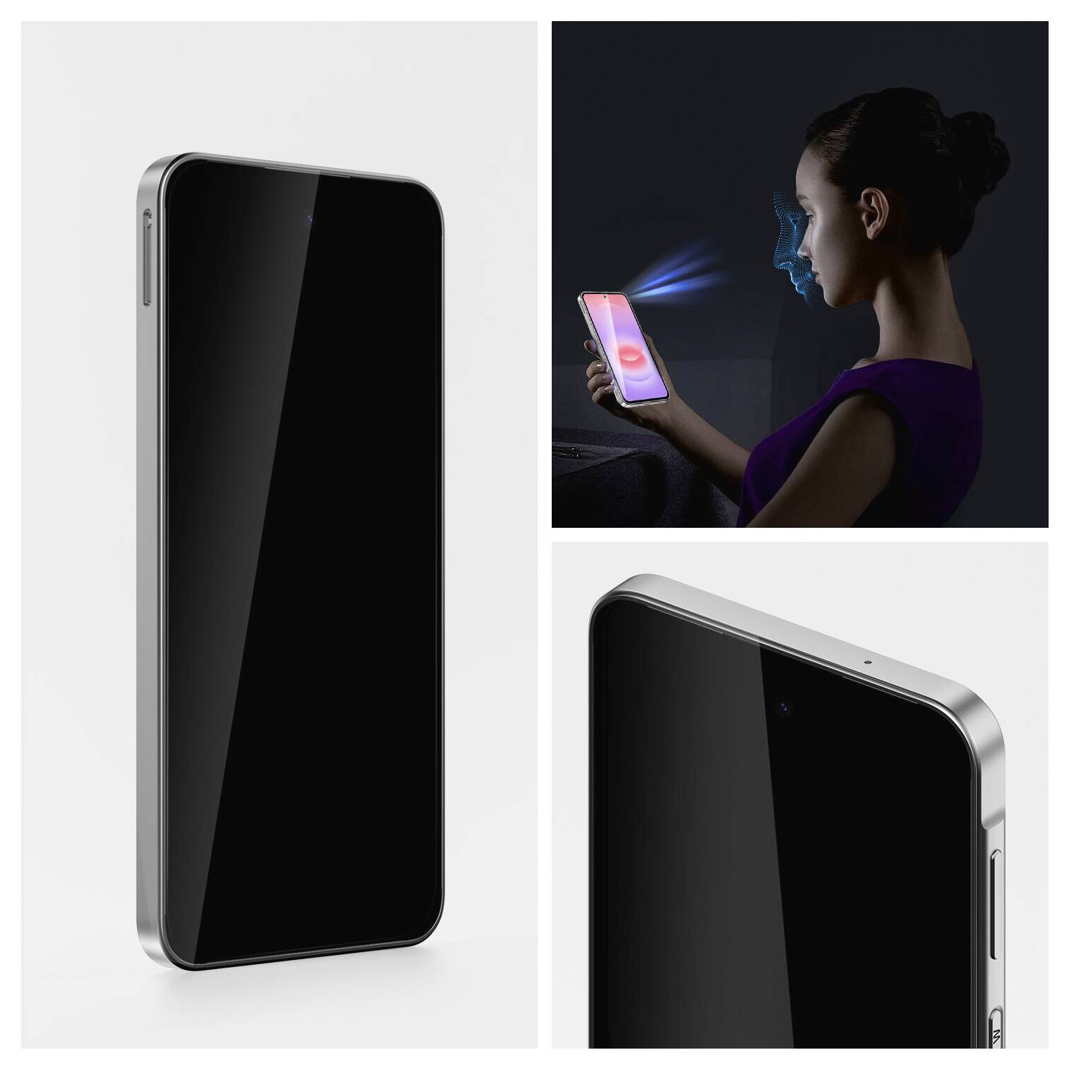Drei Ansichten eines Smartphones mit Gesichtserkennung: Frontal- und Schrägaufnahmen aus der Nähe sowie eine Frau, die es durch Gesichtserkennung mit blauer Lichtprojektion entsperrt.