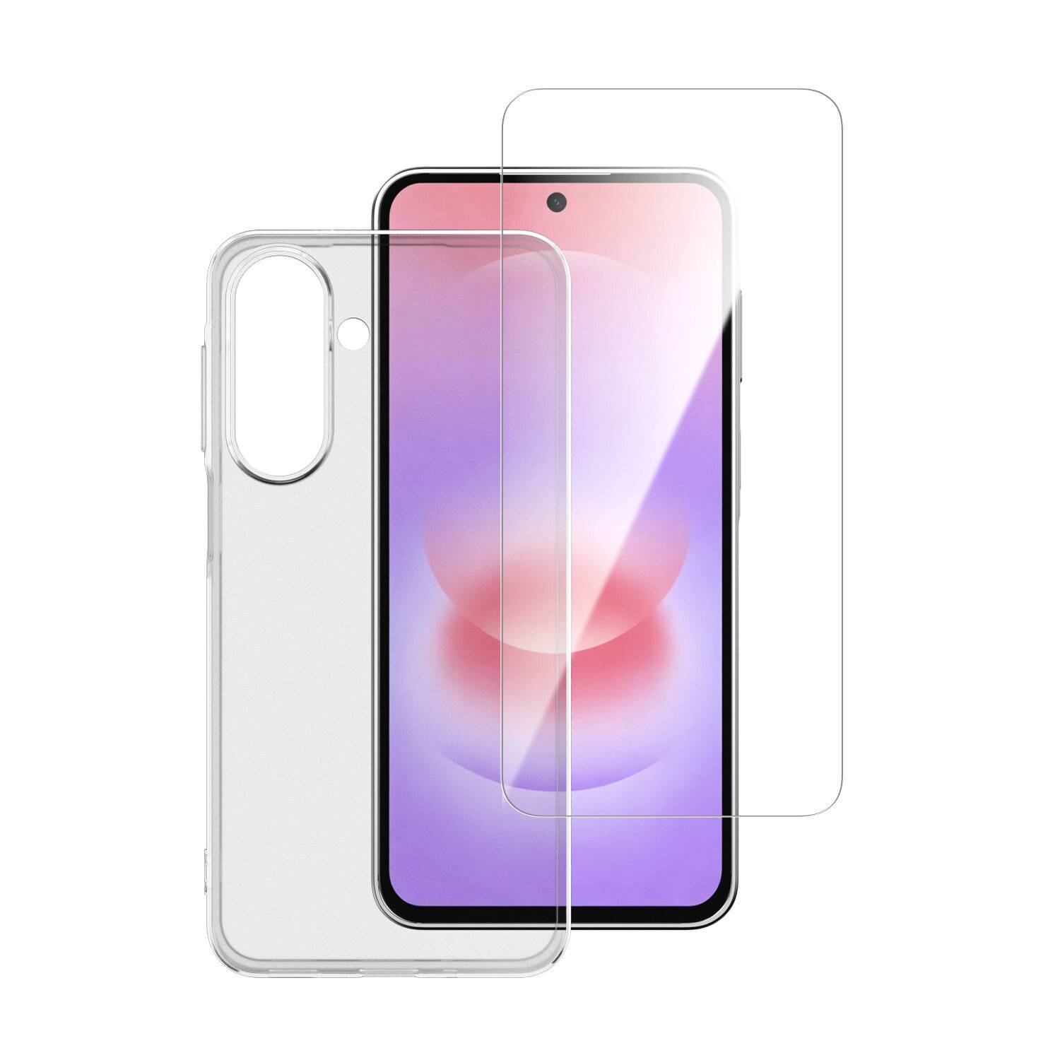 Durchsichtige Handyhülle und Displayschutzfolie, die mit einem Smartphone gezeigt werden und schützende Zubehörteile für das Gerät hervorheben.