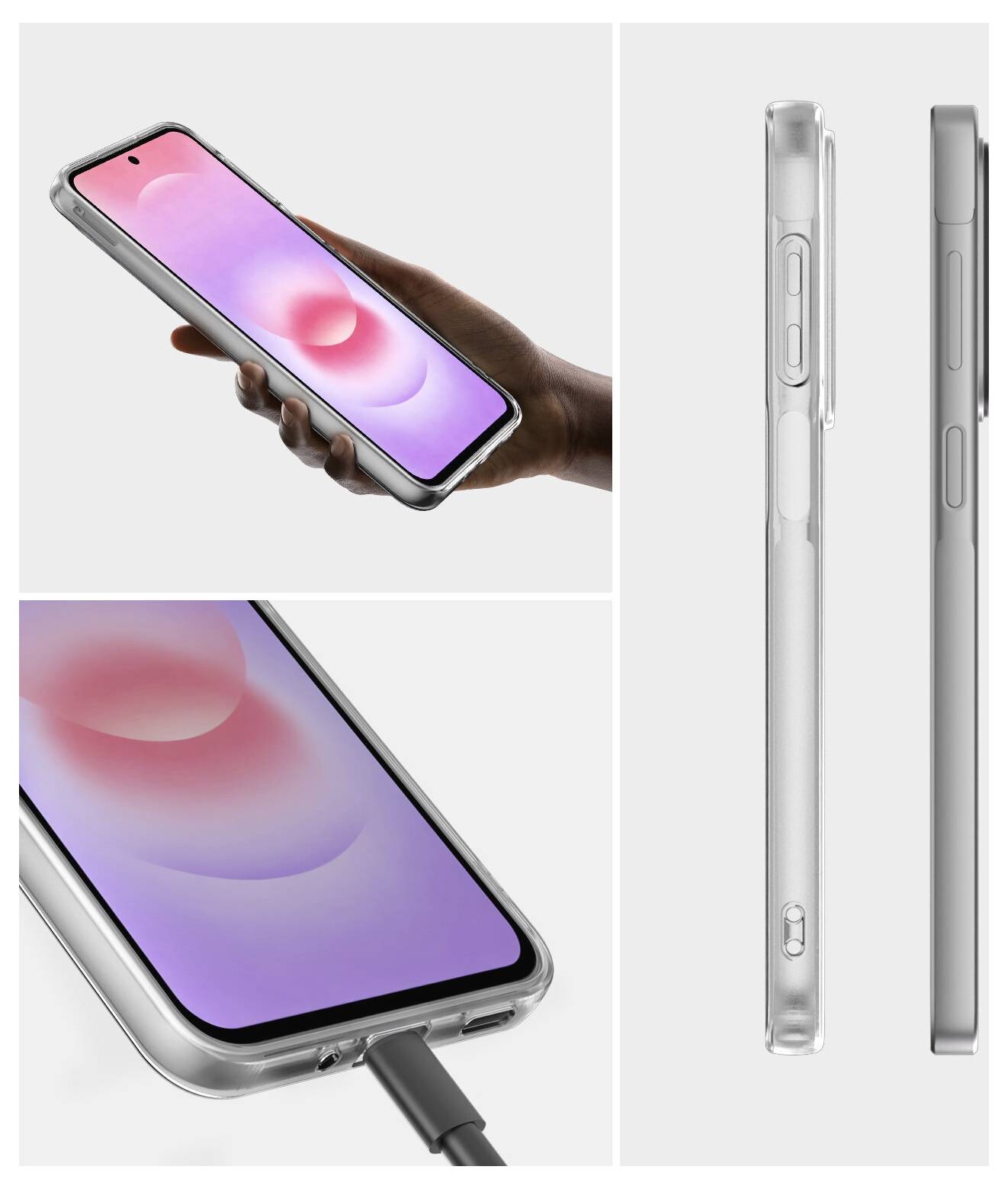 Collage eines Smartphones in einer klaren Schutzhülle, in der Hand gezeigt, wird von unten aufgeladen, und Seitenansichten, die das schlanke Design und die Aussparungen für Tasten hervorheben.