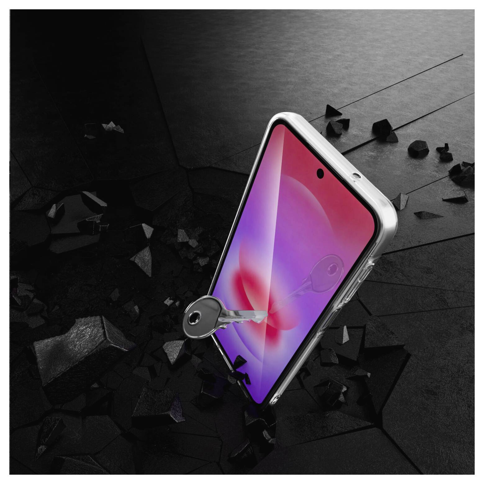 Smartphone mit einem Schlüssel, der in den Bildschirm eingeführt wird, was das Entsperren oder den Zugriff suggeriert, vor einem dunklen zerbrochenen Hintergrund.