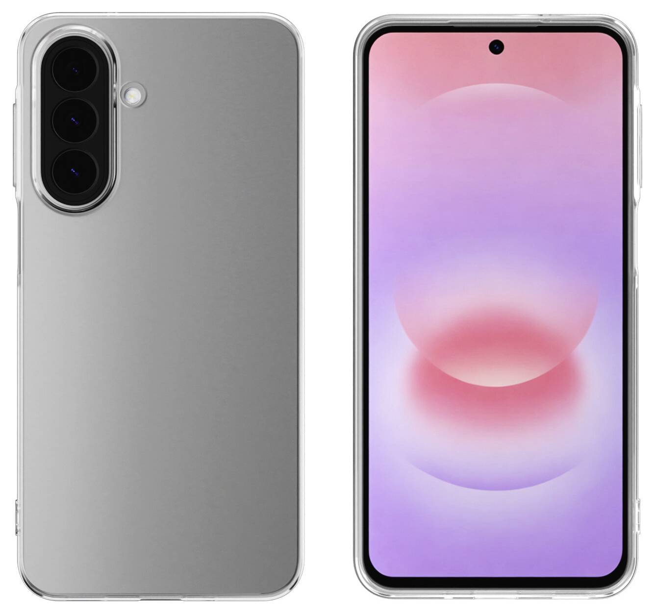 Silbernes Smartphone von vorne und hinten gezeigt, mit einer dreifachen Rückkamera auf der Rückseite und einem rosa-violetten Farbverlauf-Display auf der Vorderseite.