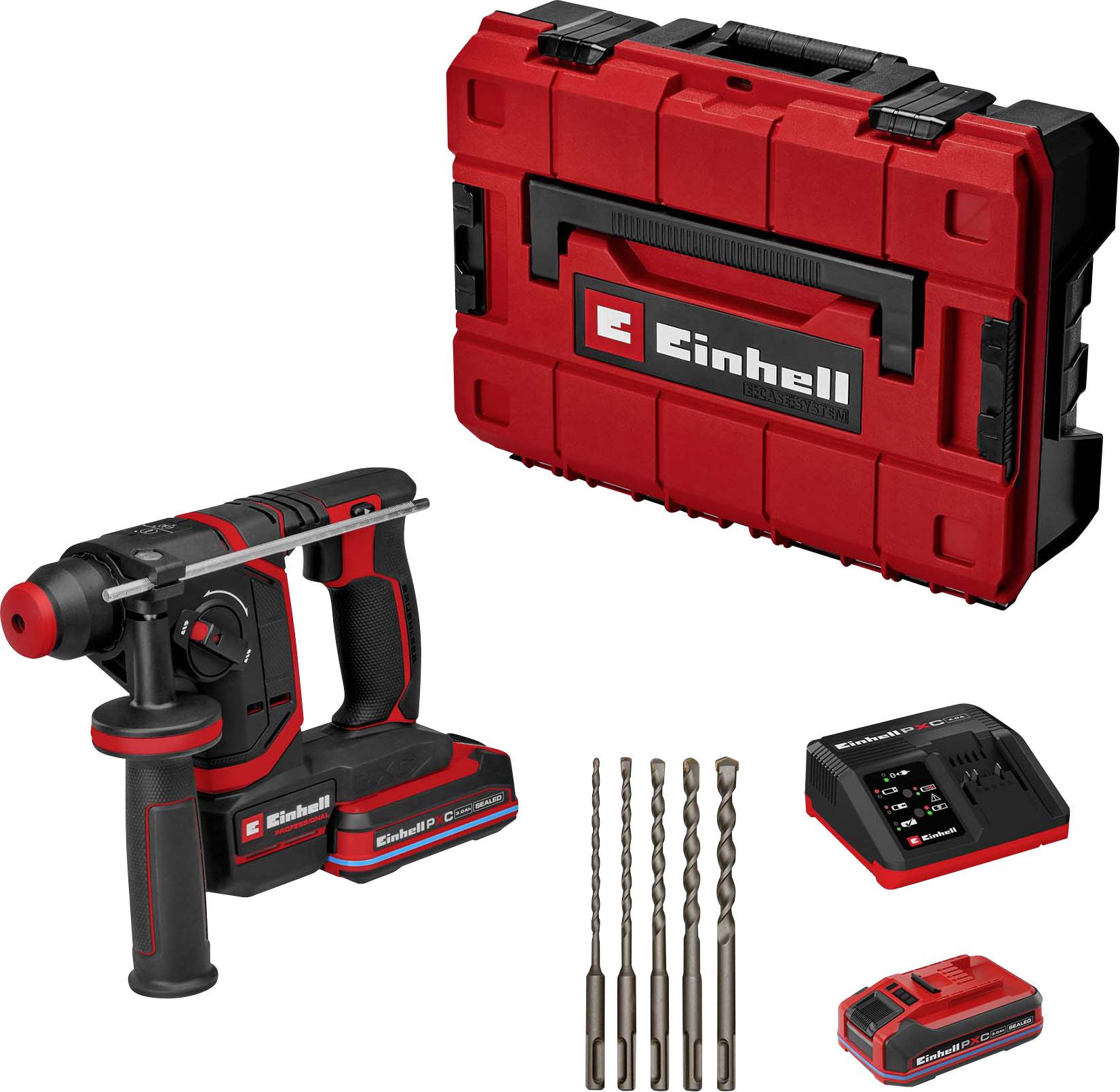 Einhell Akku-Bohrhammer-Set mit Bohrer, Akku, Ladegerät, fünf Bohraufsätzen und Transportkoffer auf weißem Hintergrund