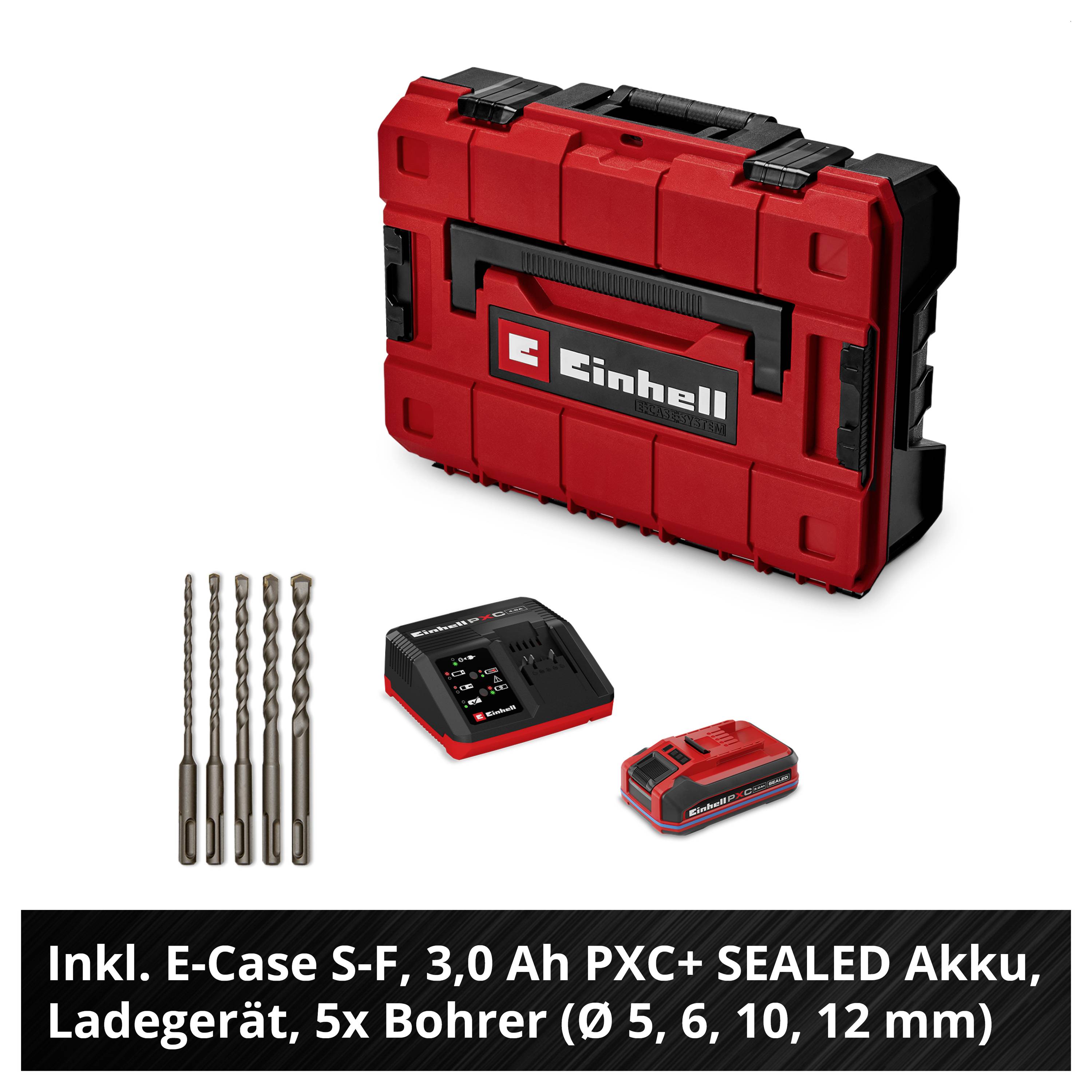 Einhell Werkzeugset mit rotem E-Case, Ladegerät, 3,0-Ah-Akku und fünf Bohrern; Text nennt Bohrergrößen 5, 6, 10 und 12 mm.