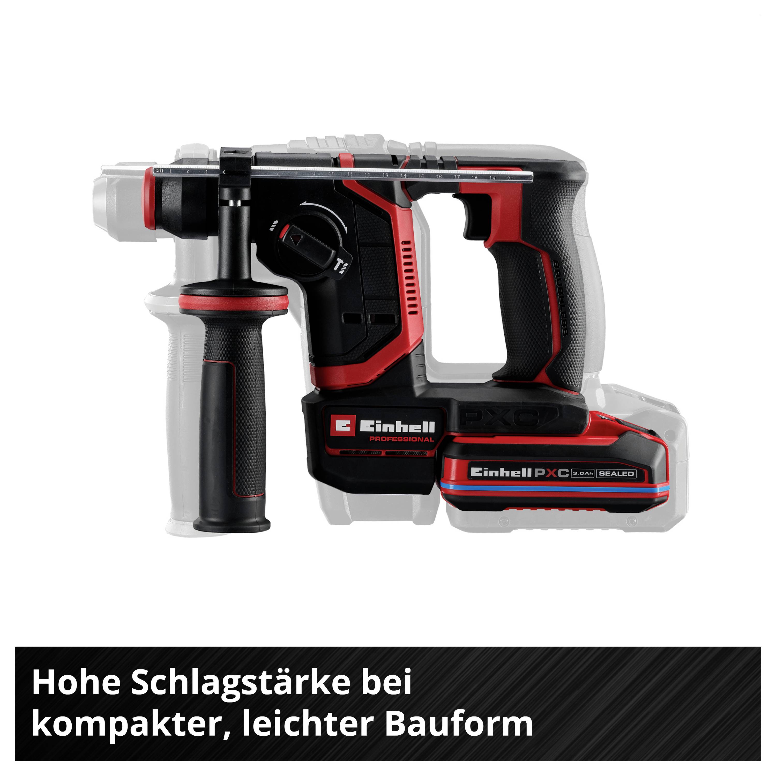 Einhell Akku-Bohrhammer mit Zusatzgriff; unten Werbetext 'Hohe Schlagstärke bei kompakter, leichter Bauform'.
