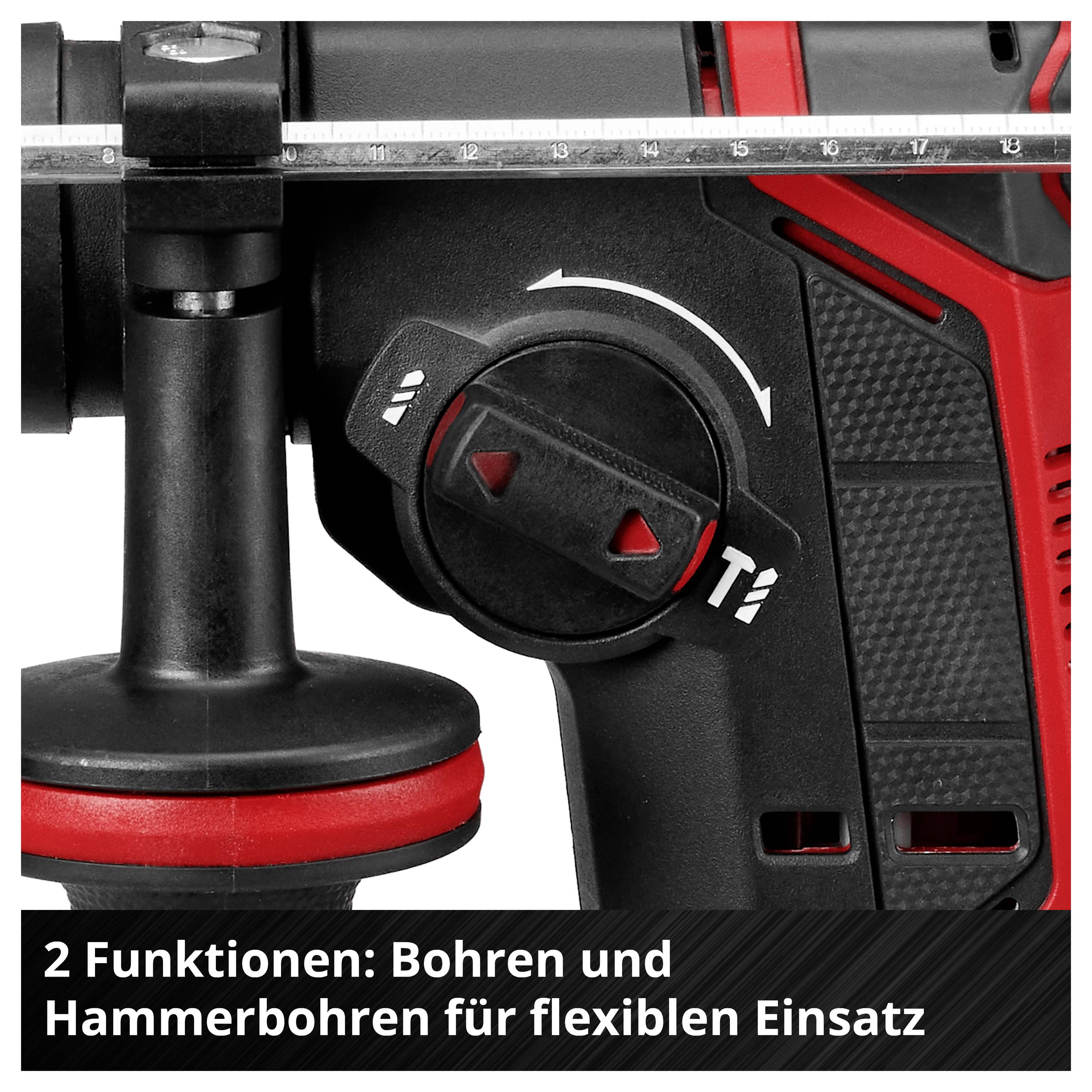 Detailansicht eines Bohrmaschinen-Schalters mit Drehregler für Bohren und Hammerbohren; Text nennt '2 Funktionen: Bohren und Hammerbohren für flexiblen Einsatz'.