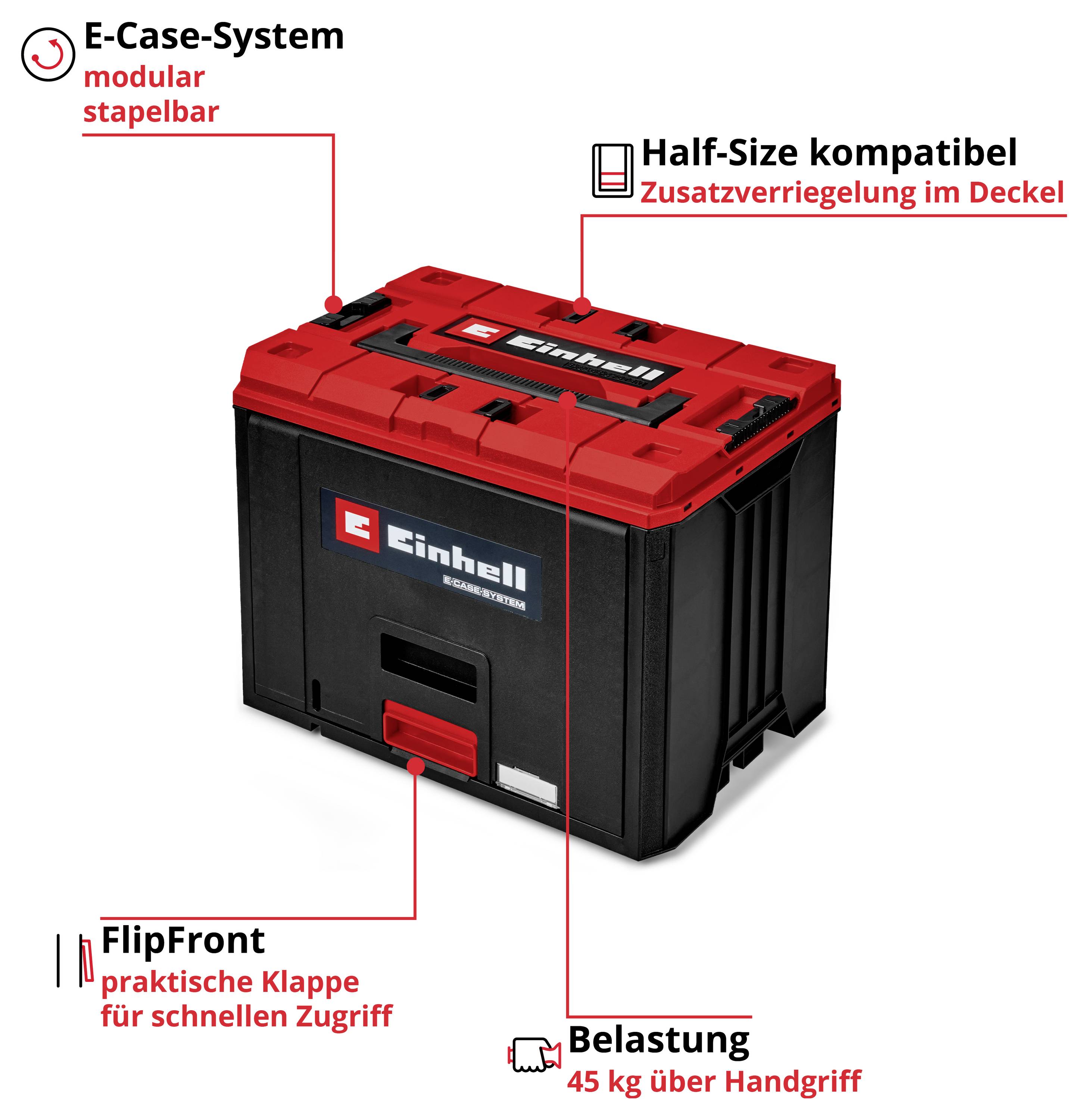 Illustration eines stapelbaren Einhell E-Case-Systems mit rotem Deckel: half-size-kompatibel, FlipFront-Klappe für schnellen Zugriff, belastbar bis 45 kg über Handgriff.