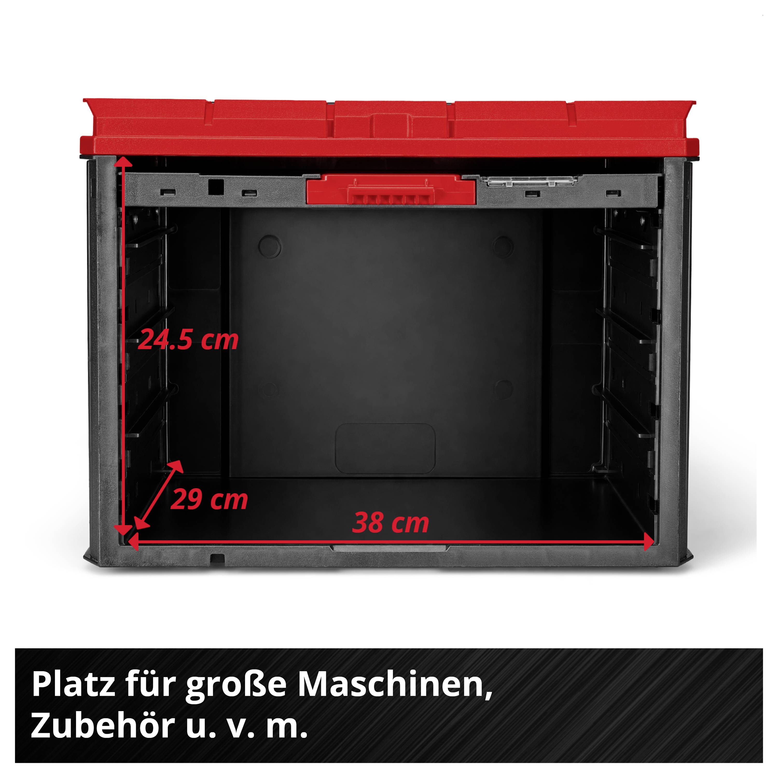 Offene schwarze Aufbewahrungsbox mit rotem Deckel; Innenmaße 38 cm breit, 29 cm tief und 24,5 cm hoch. Hinweis: Platz für große Maschinen, Zubehör u. v. m.