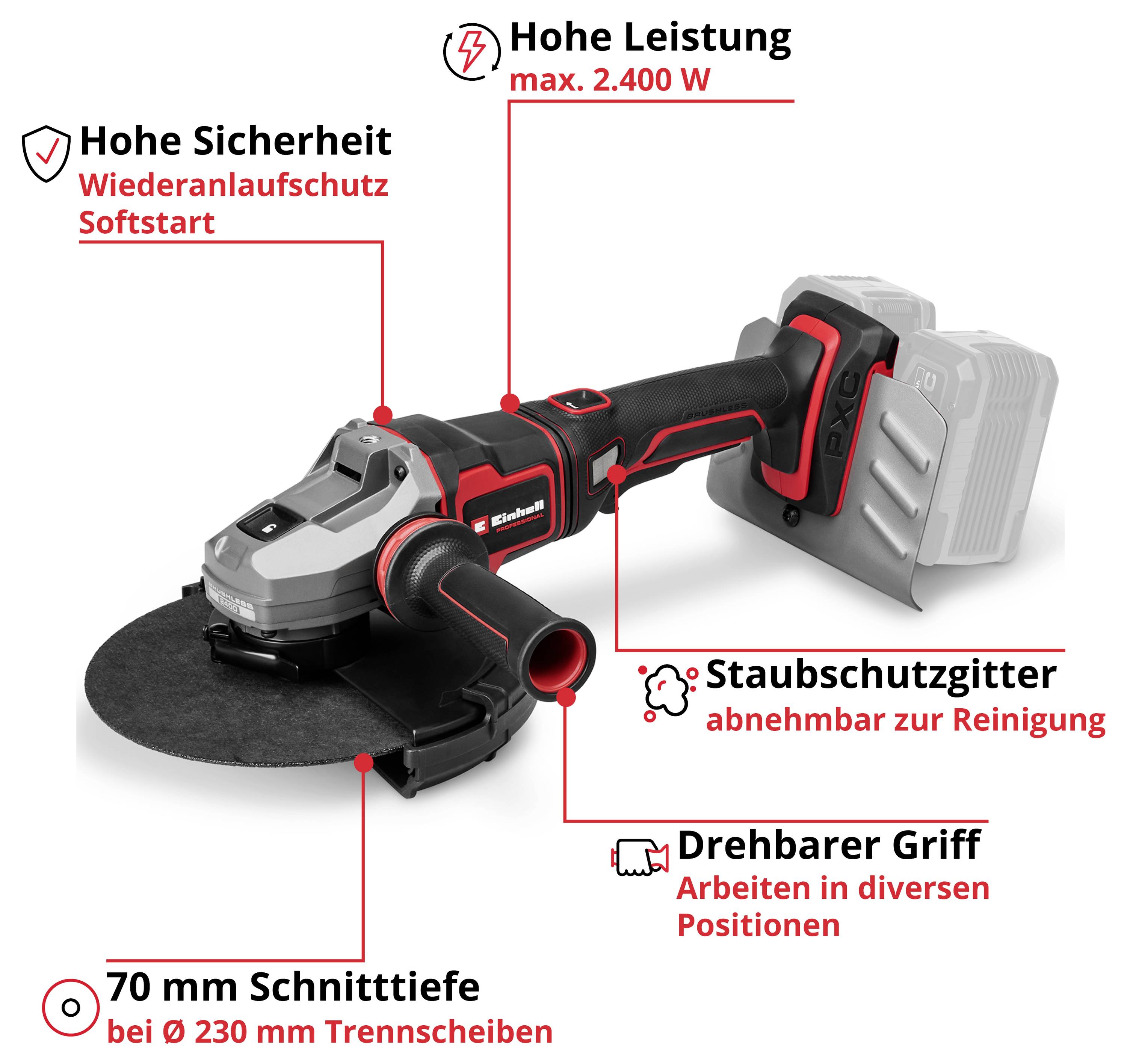 Akku-Winkelschleifer mit Beschriftungen zu Sicherheit, 2.400 W Leistung, abnehmbarem Staubschutzgitter, drehbarem Griff und 70 mm Schnitttiefe.