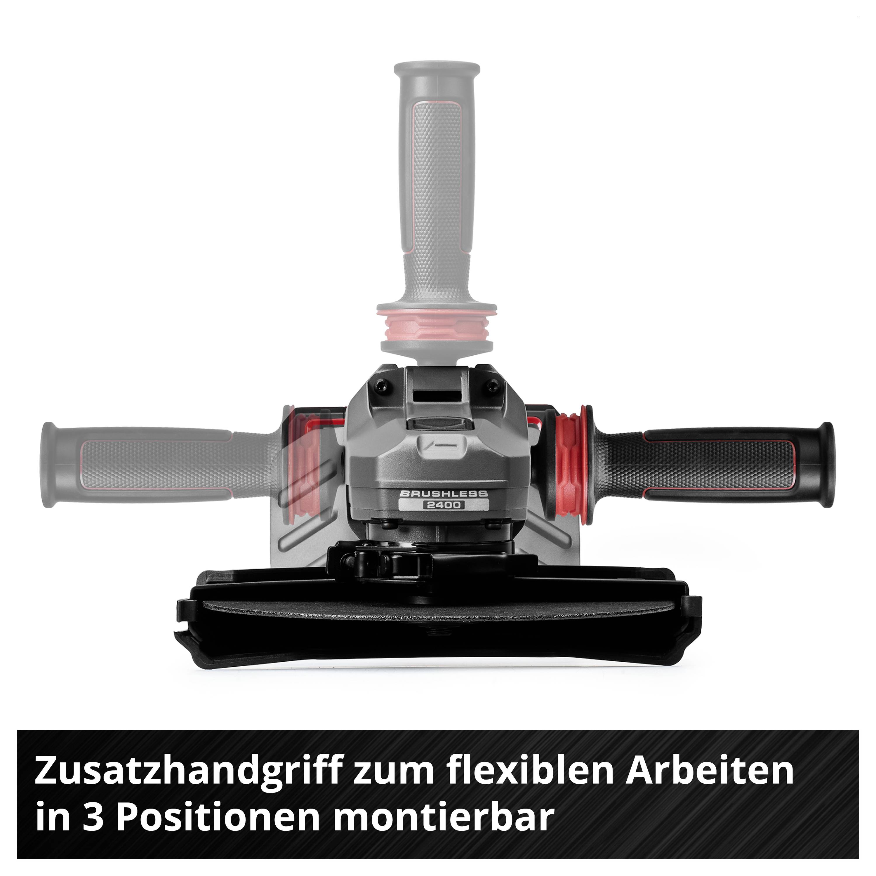 Produktbild eines Zusatzhandgriffs für flexibles Arbeiten, in 3 Positionen montierbar; abgebildet an einem Werkzeug mit drei Griffen.