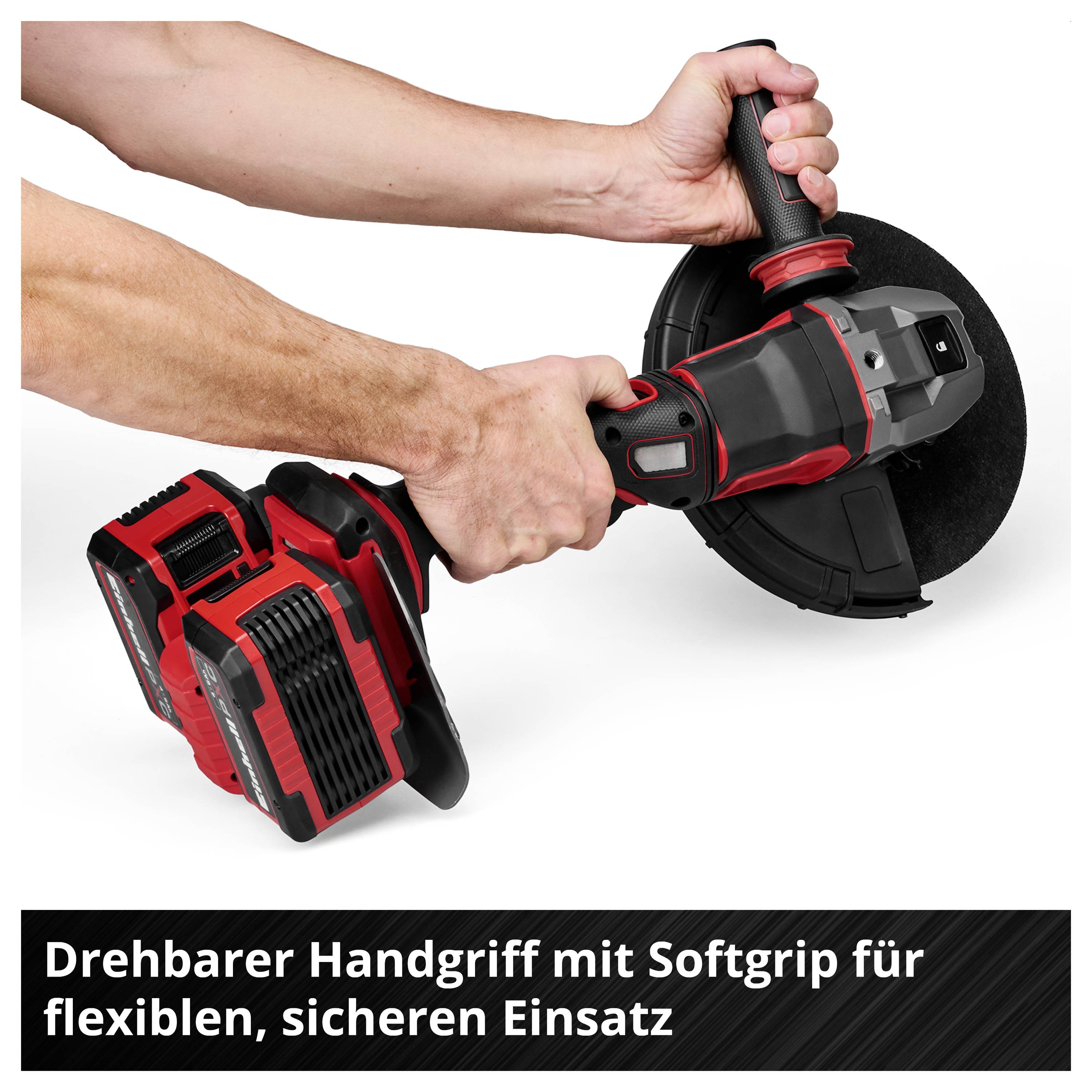 Akku-Winkelschleifer mit drehbarem Handgriff und Softgrip, von zwei Händen gehalten; Hinweis auf sicheren, flexiblen Einsatz.