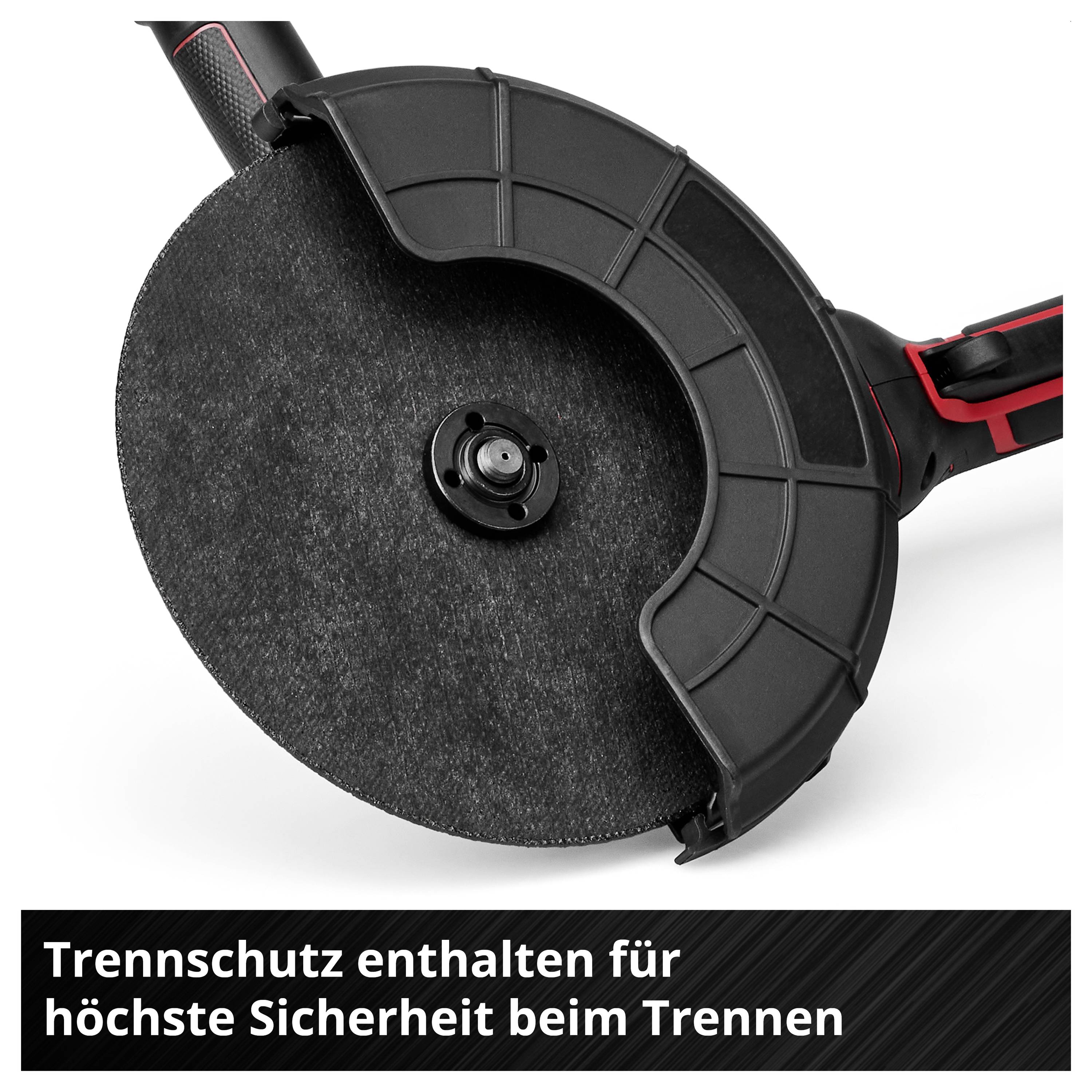 Trennschutz an einer Trennschleifer-Scheibe für sicheres Trennen; Bildtext: 'Trennschutz enthalten für höchste Sicherheit beim Trennen'.