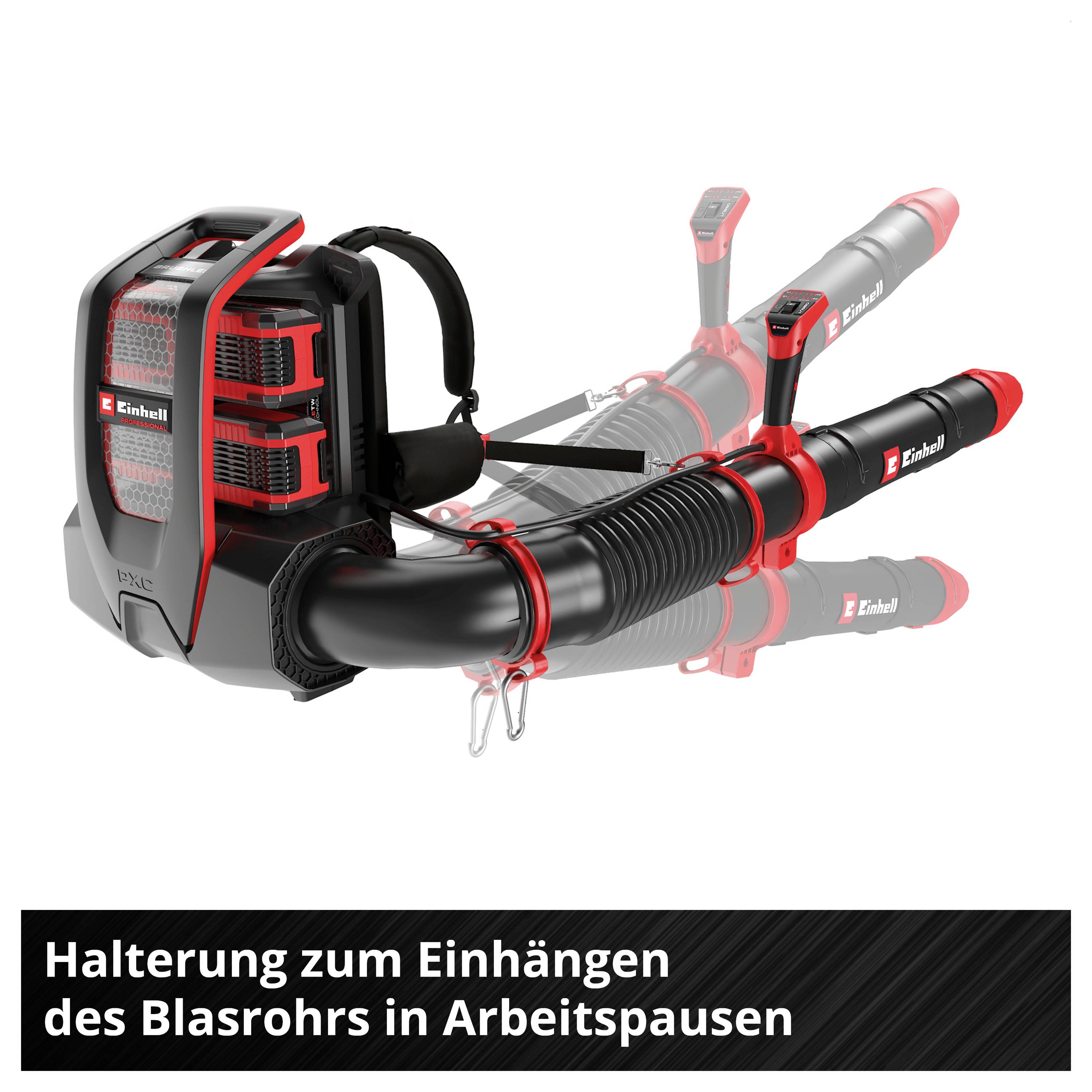 Tragegurt mit Halterung für das Blasrohr eines Laubbläsers, um es in Arbeitspausen einzuhängen.