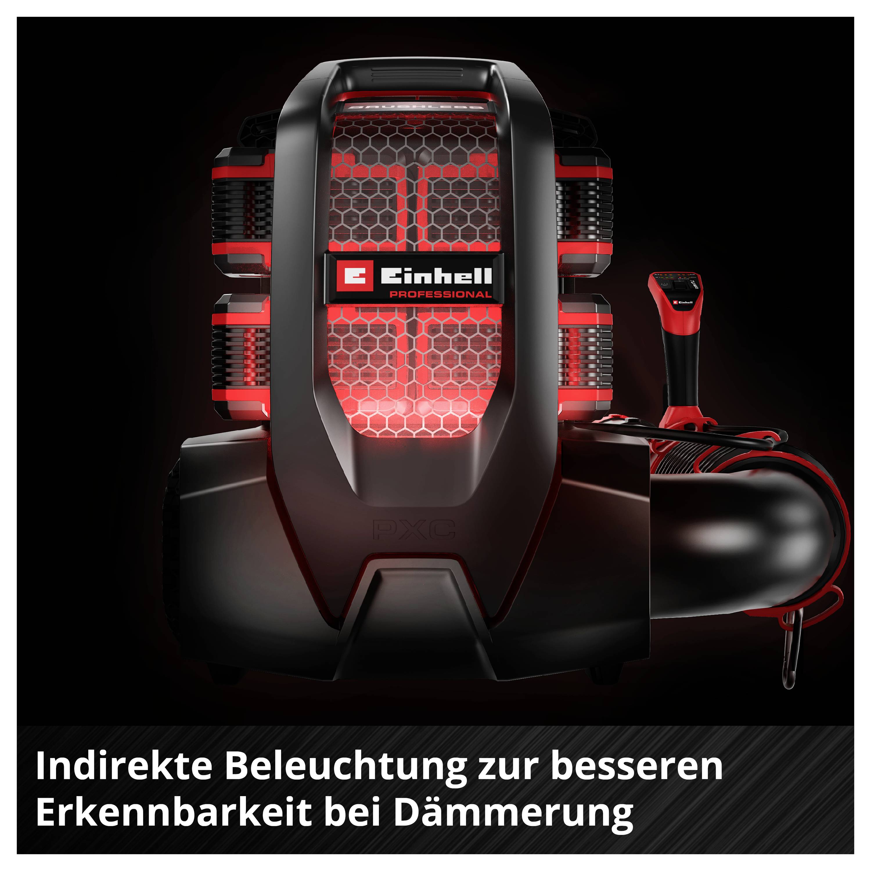 Einhell Professional Kompressor mit roter Indirektbeleuchtung; Text: 'Indirekte Beleuchtung zur besseren Erkennbarkeit bei Dämmerung'.