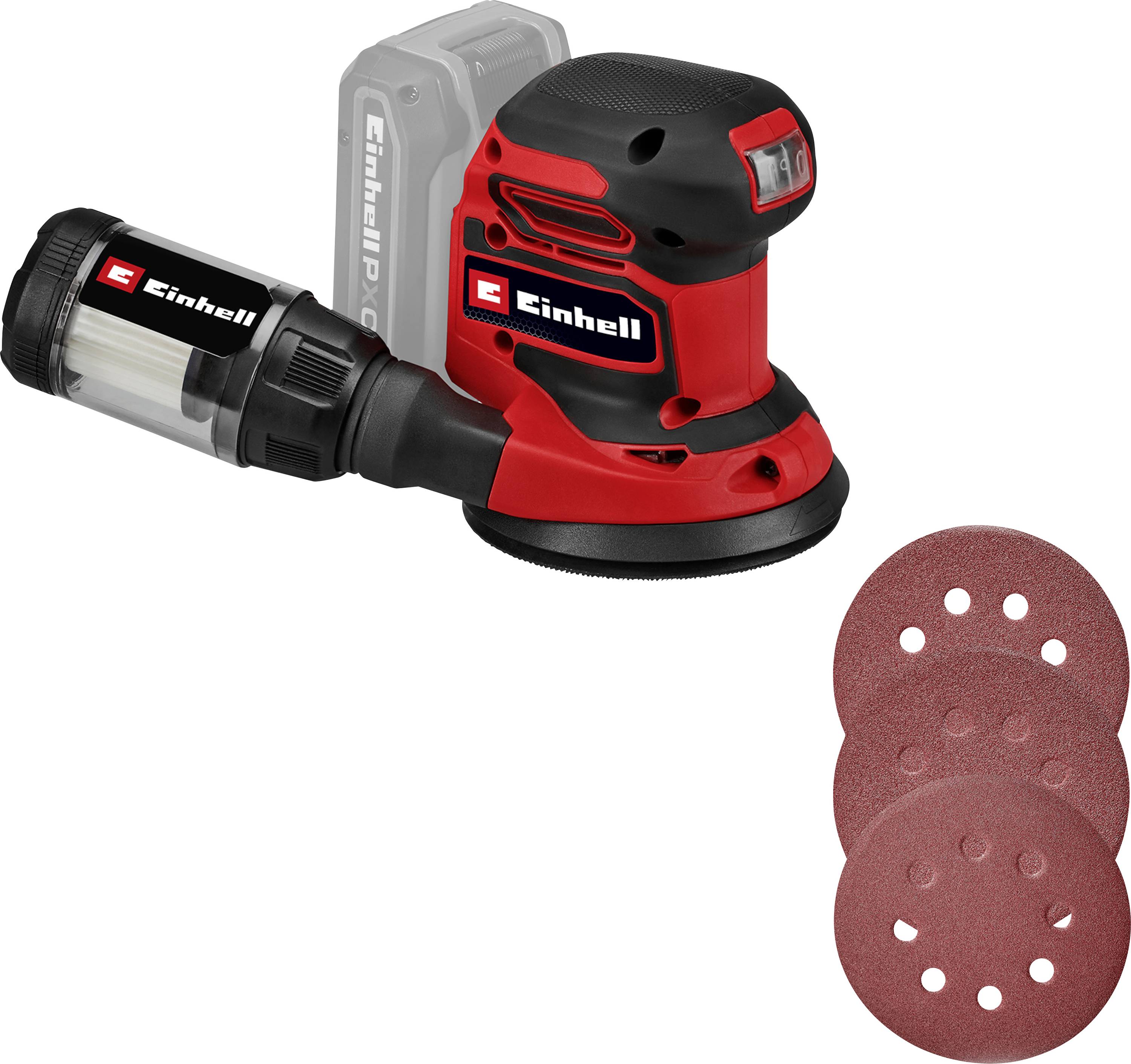 Einhell Akku-Detailschlifer mit Staubbehälter und drei Schleiftellern auf weißem Hintergrund.