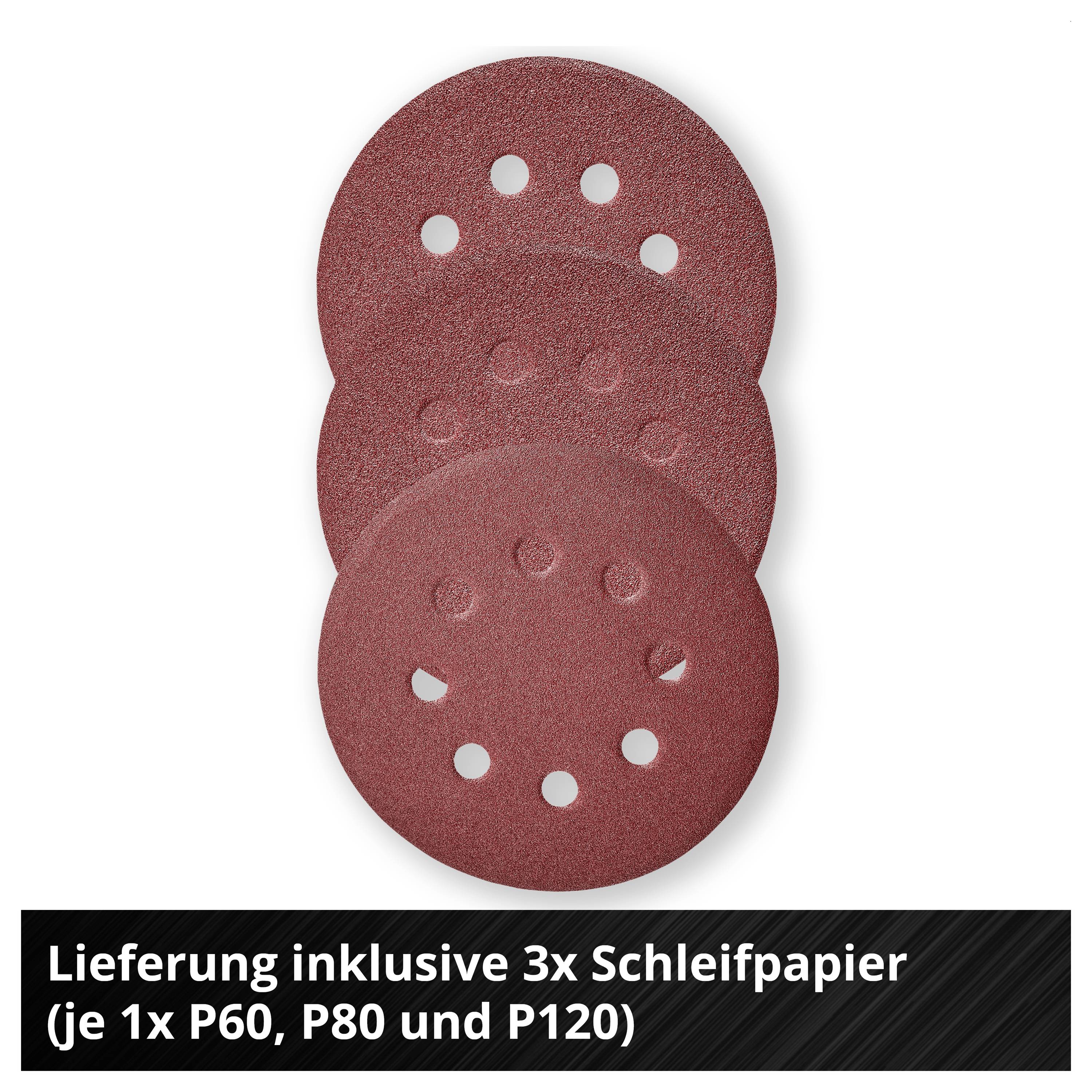 Drei rote Schleifpapier-Scheiben mit Löchern; darunter Text: 'Lieferung inklusive 3x Schleifpapier (je 1x P60, P80 und P120)'