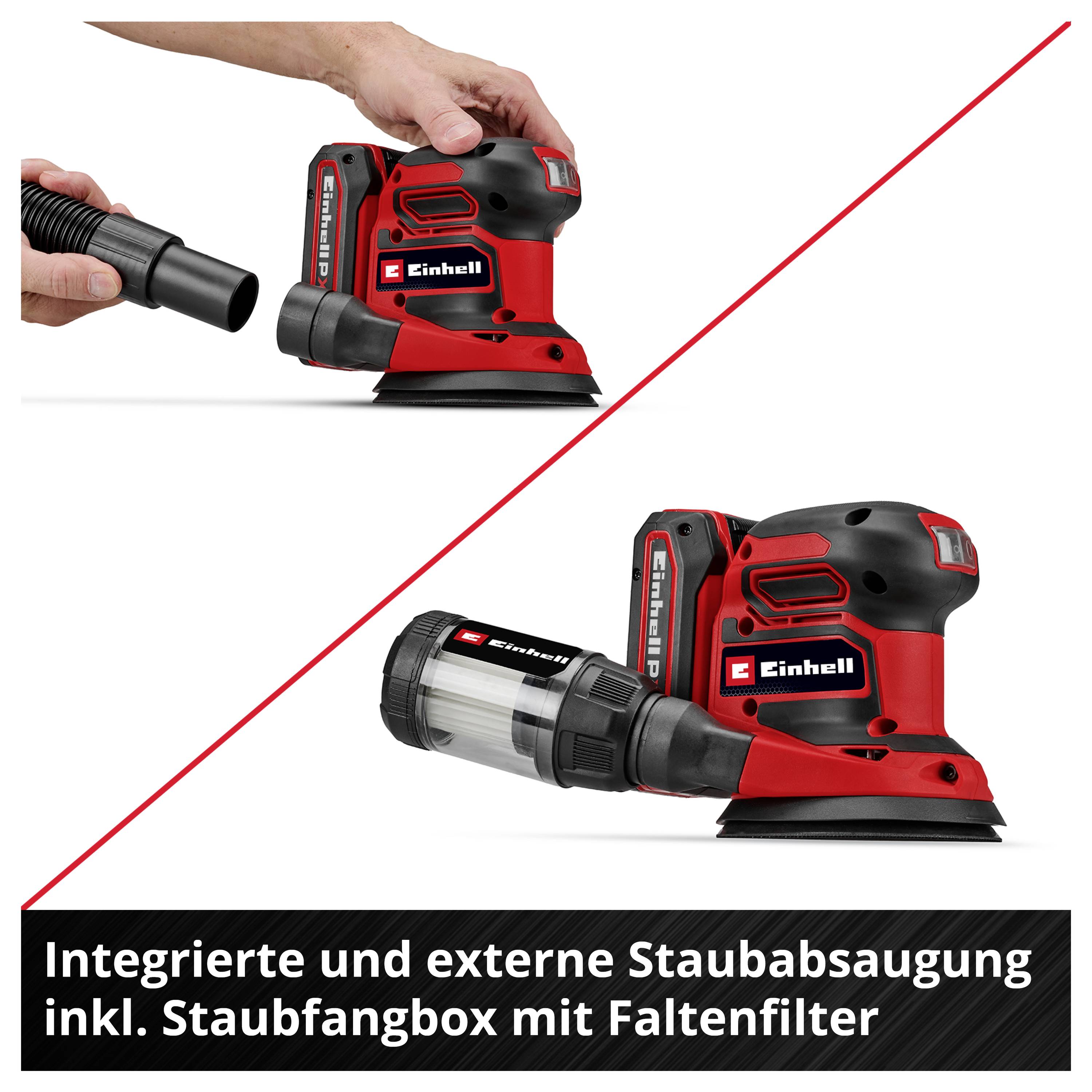 Einhell-Schleifer mit integrierter und externer Staubabsaugung; oben mit Schlauchanschluss, unten mit Staubfangbox mit Faltenfilter.