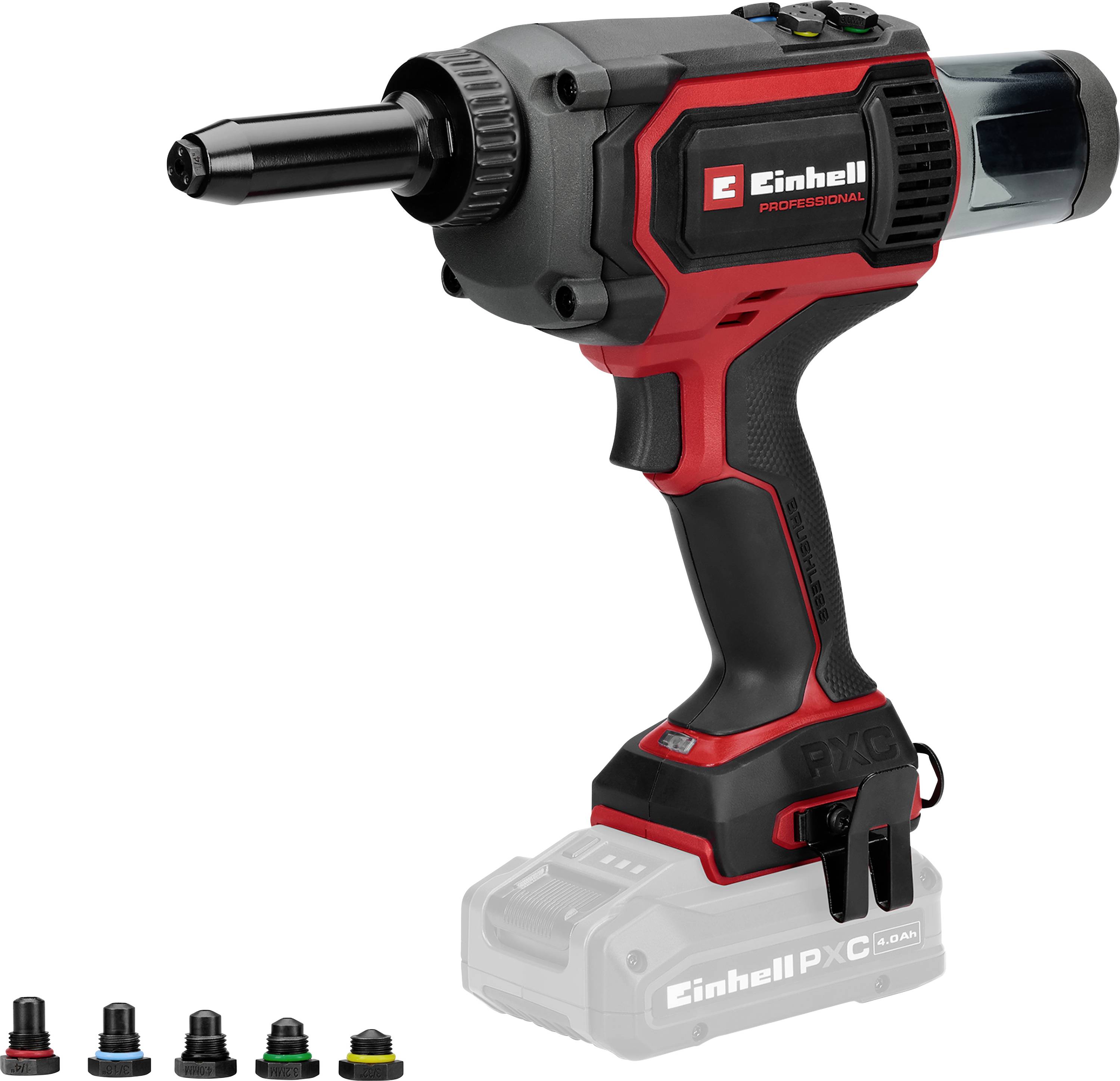 Kabelloses Einhell Professional-Elektrowerkzeug mit langem schwarzen Aufsatz und Batteriestation; fünf farbcodierte Aufsatzanbringungen werden unten angezeigt.