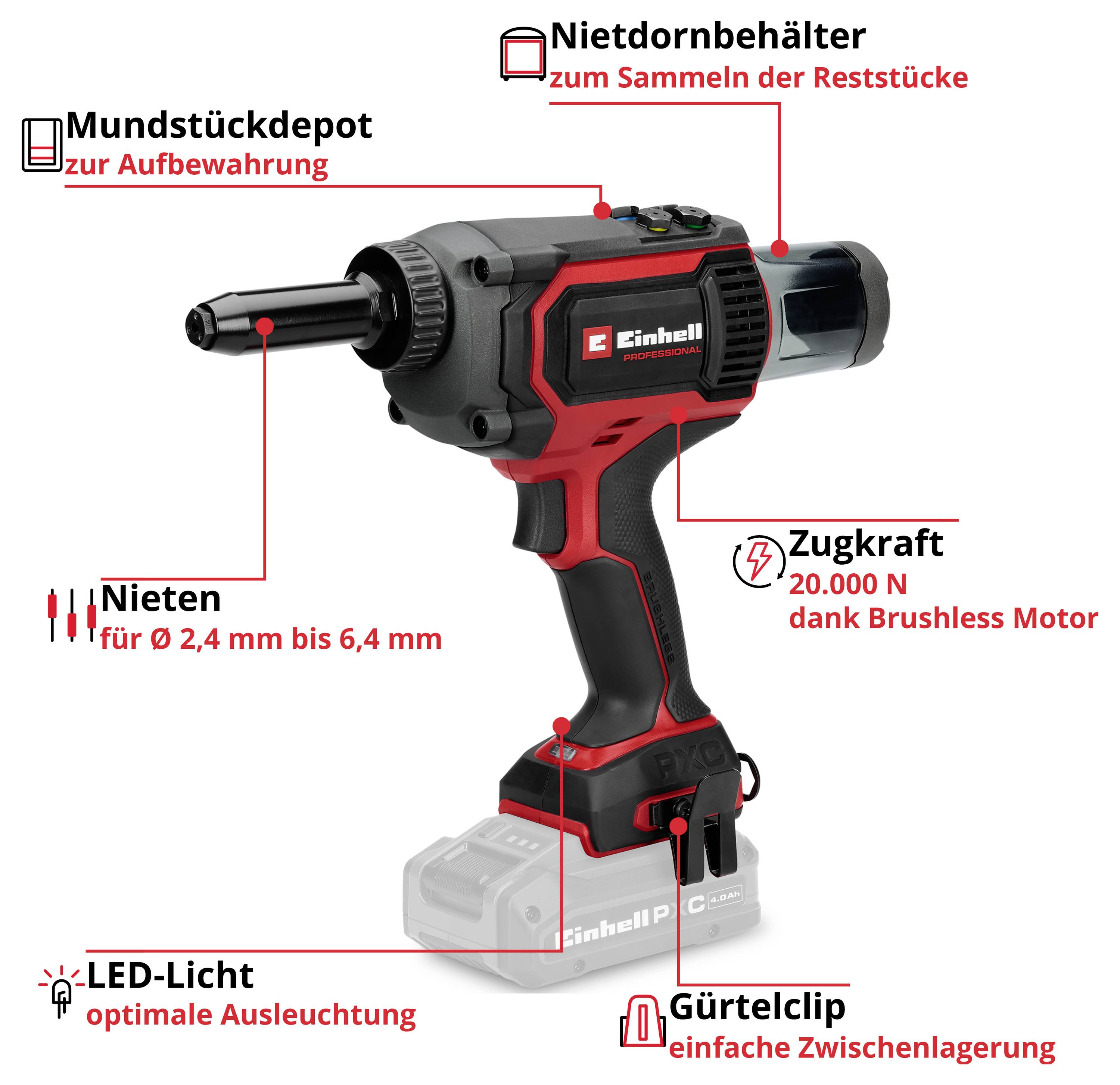 Produktabbildung eines Akku-Blindnietwerkzeugs mit Beschriftungen: Mundstückdepot, Nietbereich 2,4–6,4 mm, Zugkraft 20.000 N, LED-Licht und Gürtelclip.