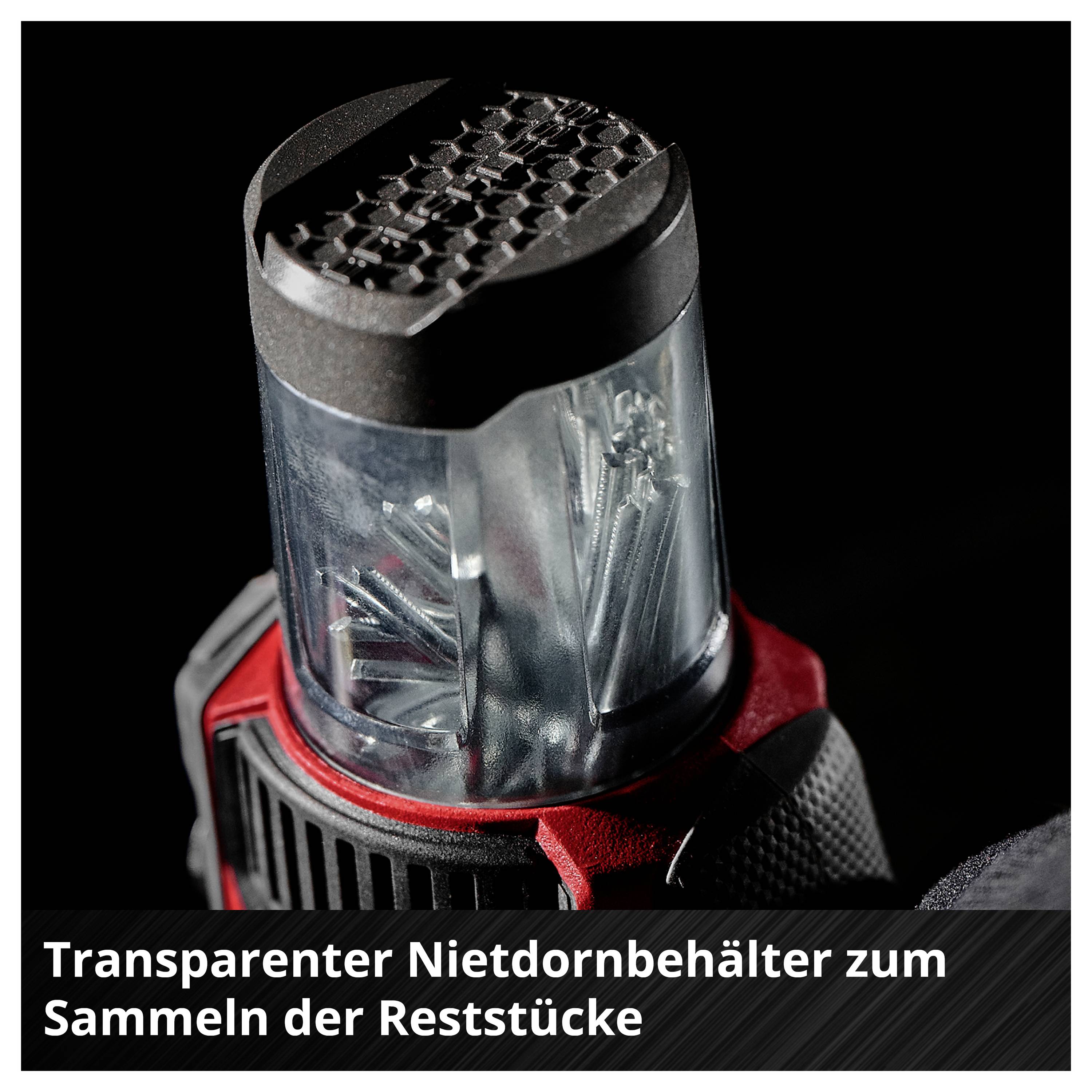 Transparenter Nietdornbehälter an einem Werkzeug, zum Sammeln von Reststücken; unten steht 'Transparenter Nietdornbehälter zum Sammeln der Reststücke'.