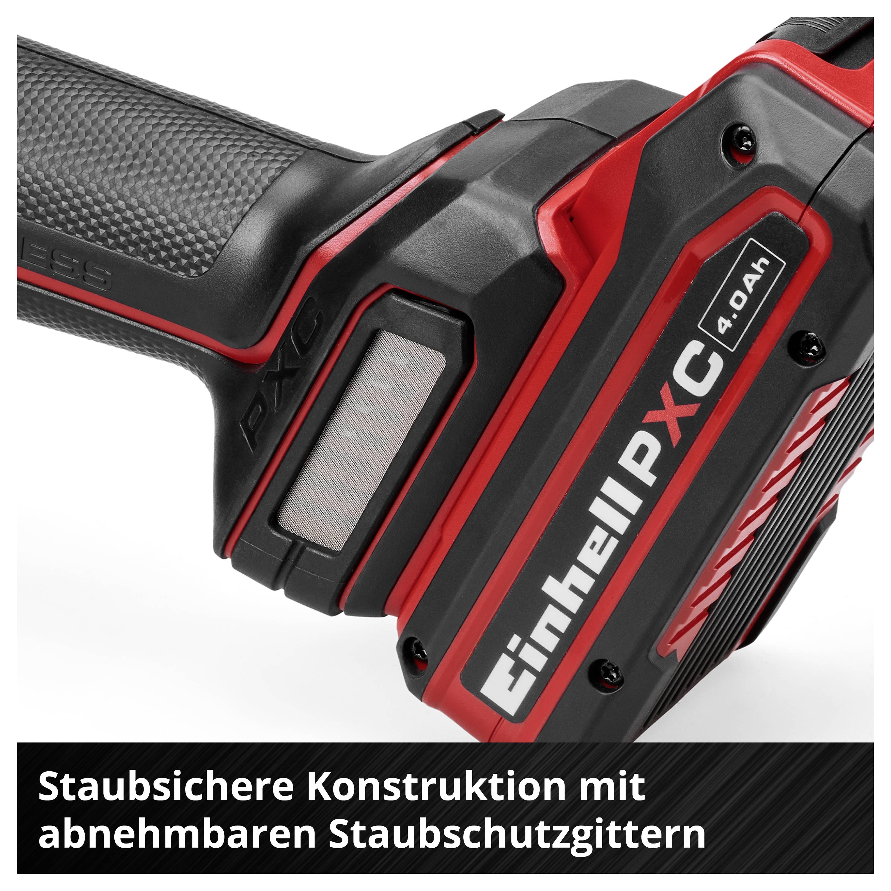 Nahaufnahme eines Einhell PXC 4,0 Ah Akkus mit staubgeschützter, robuster Konstruktion; Text nennt abnehmbare Staubschutzgitter.