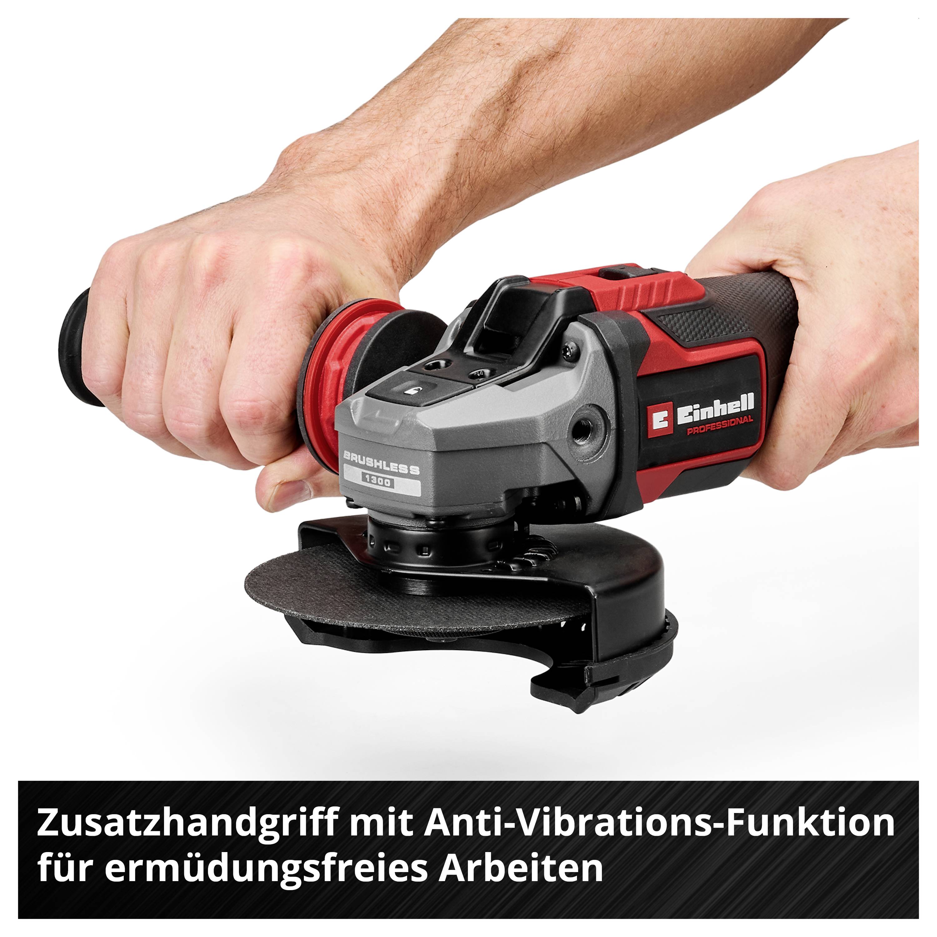 Hände halten einen Einhell-Winkelschleifer mit Zusatzhandgriff; eingeblendeter Text: 'Zusatzhandgriff mit Anti-Vibrations-Funktion für ermüdungsfreies Arbeiten'.