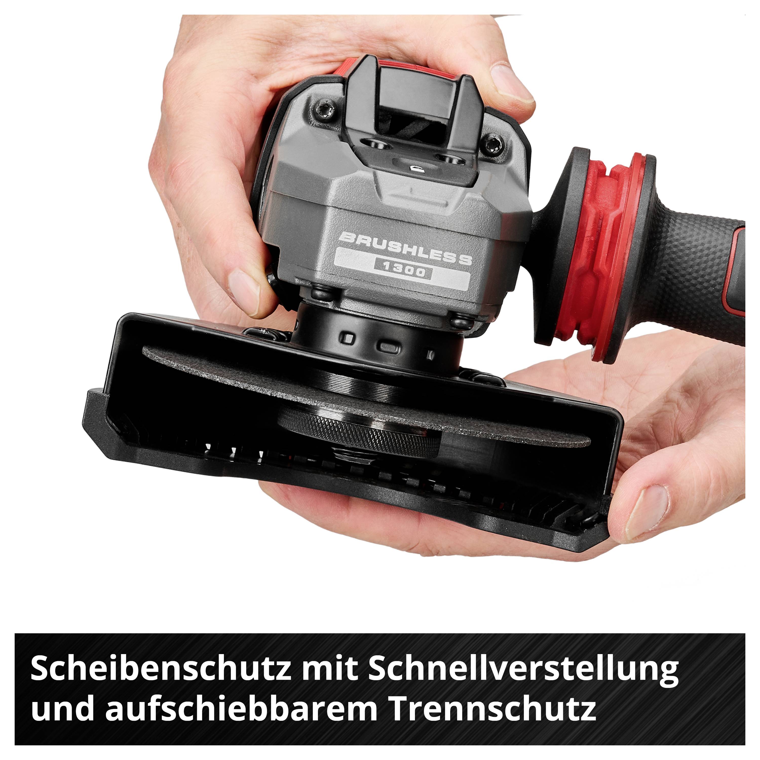 Hand hält einen Winkelschleifer mit Scheiben- und Trennschutz; eingeblendeter Text: 'Scheibenschutz mit Schnellverstellung und aufschiebbarem Trennschutz'