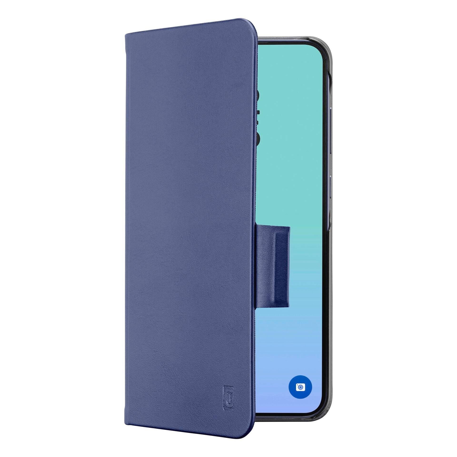 Smartphone in einem marineblauen Flip-Case mit teilweise geöffnetem Frontcover, das den Bildschirm und einen kleinen Kartenschacht zeigt.