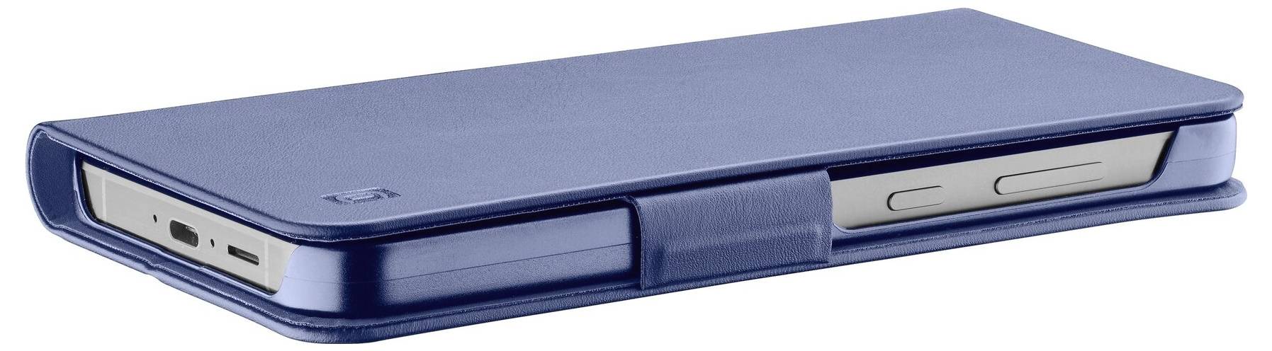 Blaue Folio-ähnliche Handyhülle, die ein Smartphone umschließt und Ausschnitte für den Ladeanschluss und die seitlichen Tasten zeigt.