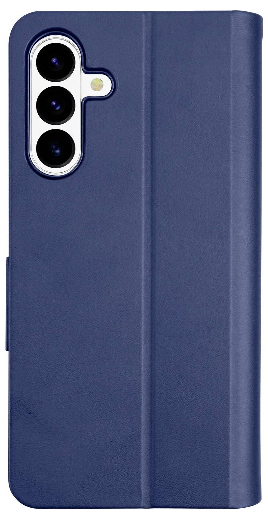 Blaues Smartphone-Schutzetui für faltbare Geräte, geschlossen dargestellt, mit drei Aussparungen für die rückwärtige Kamera und einer kleinen Öffnung für den Blitz oben links.